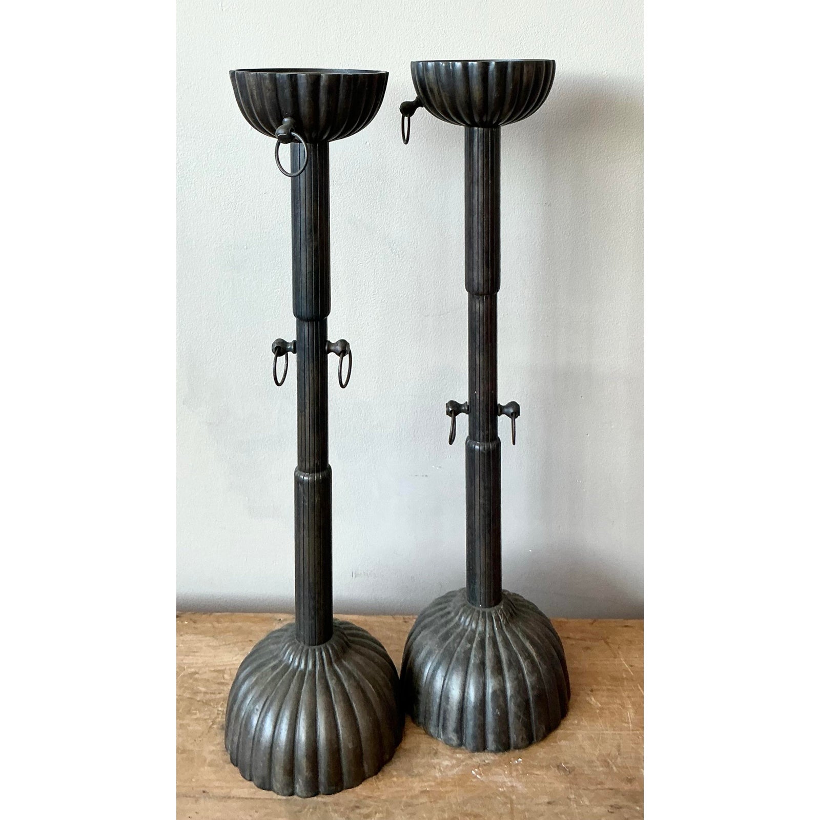 Pair of Vintage Bronze Fluted Candlesticks - Back view