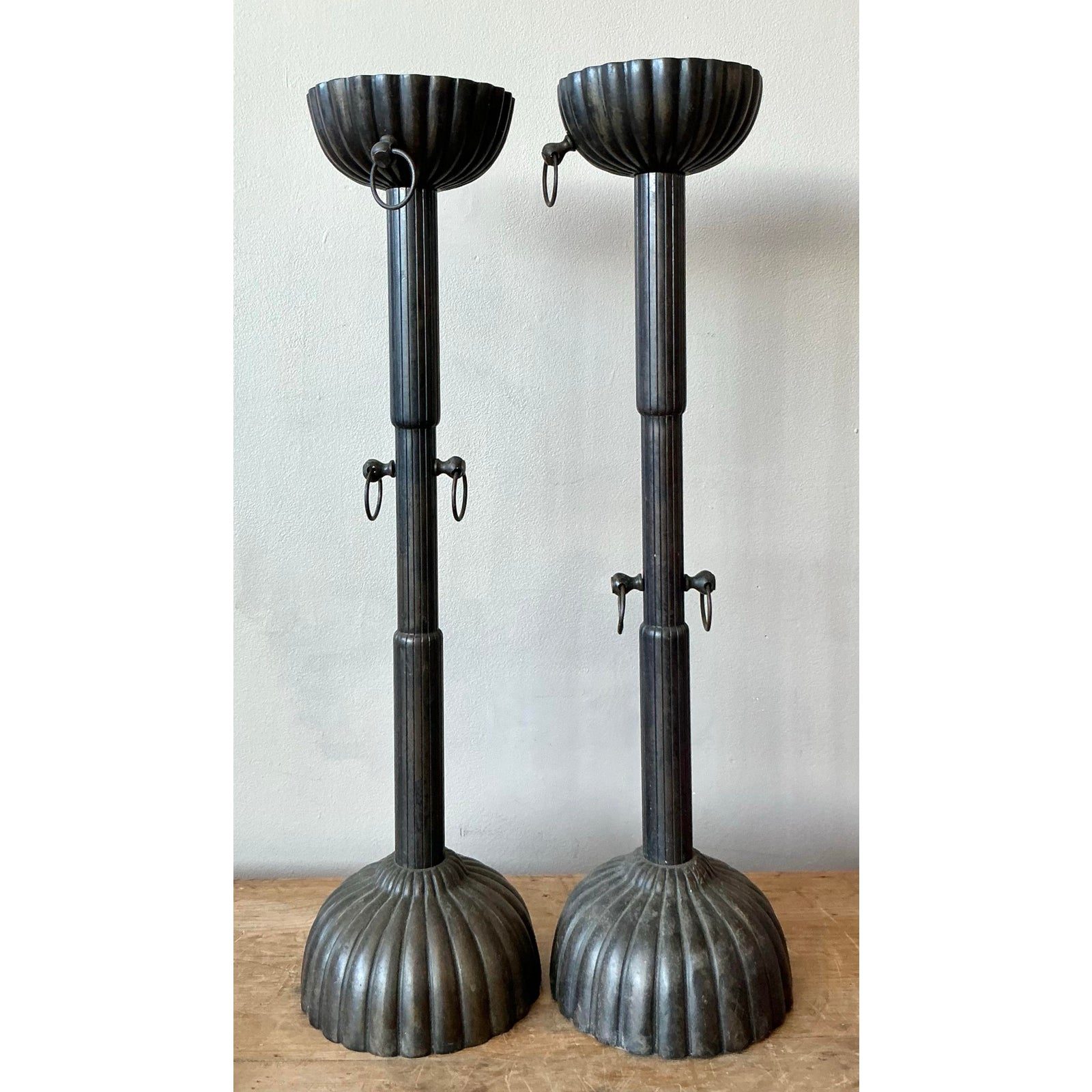 Pair of Vintage Bronze Fluted Candlesticks - Detail view