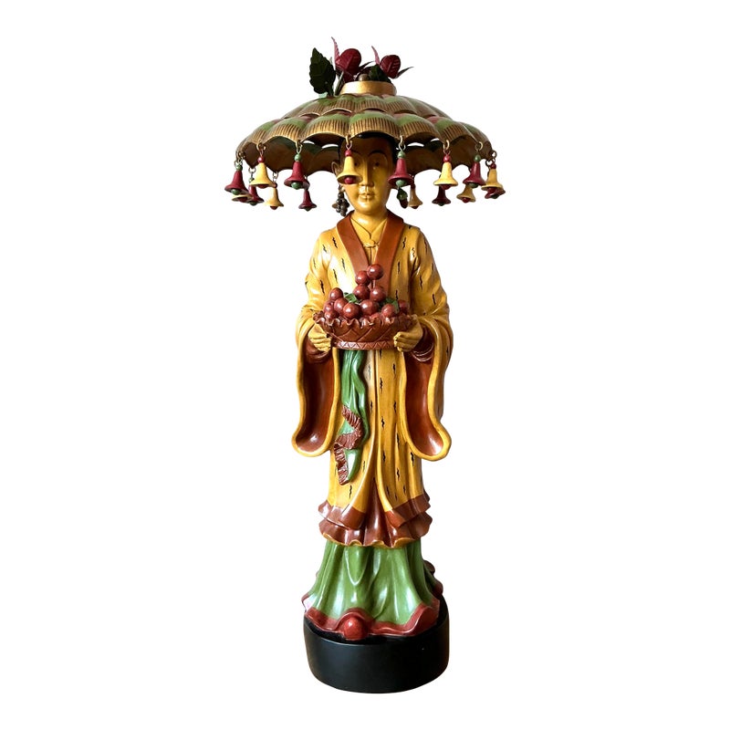 Vintage Asian Carved Asian Figure With Umbrella Hat