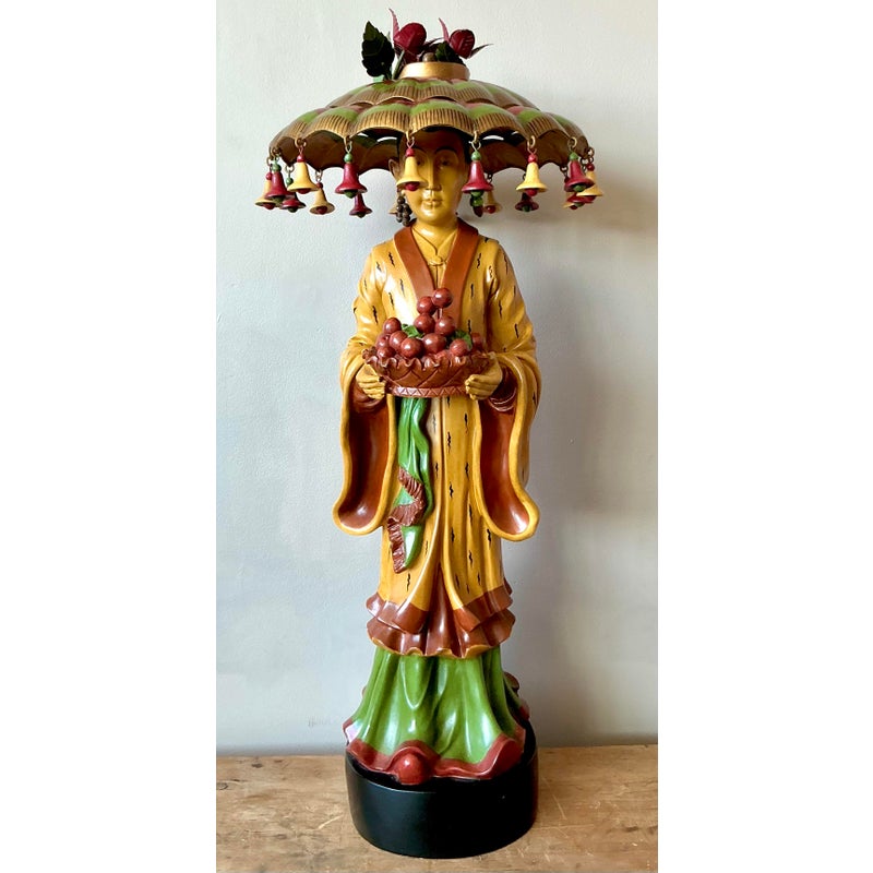 Vintage Asian Carved Asian Figure With Umbrella Hat - Side view