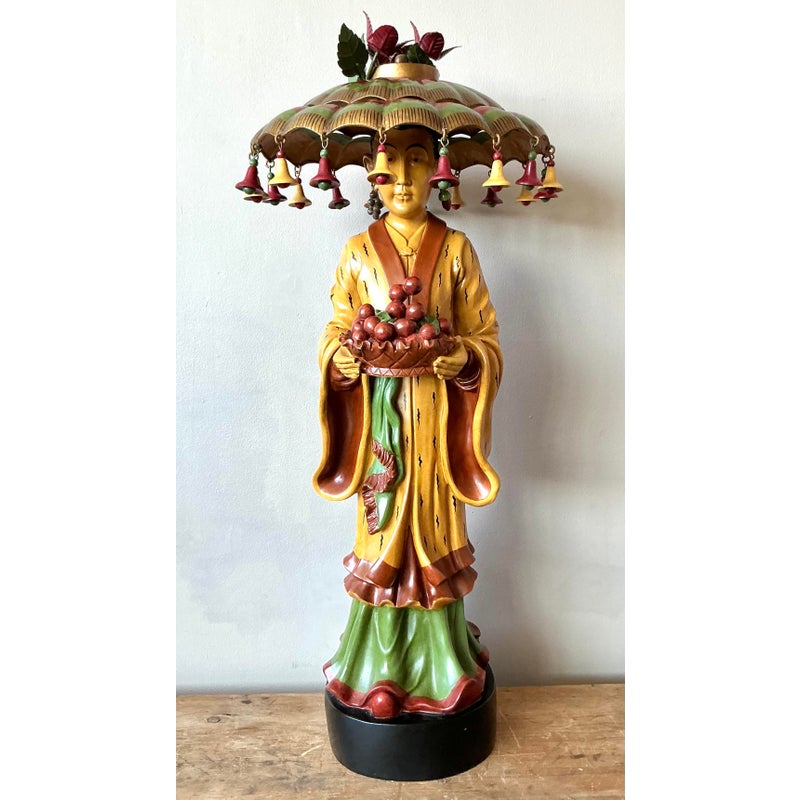 Vintage Asian Carved Asian Figure With Umbrella Hat - Detail view