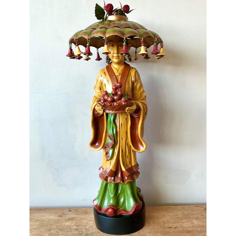 Vintage Asian Carved Asian Figure With Umbrella Hat - Back view