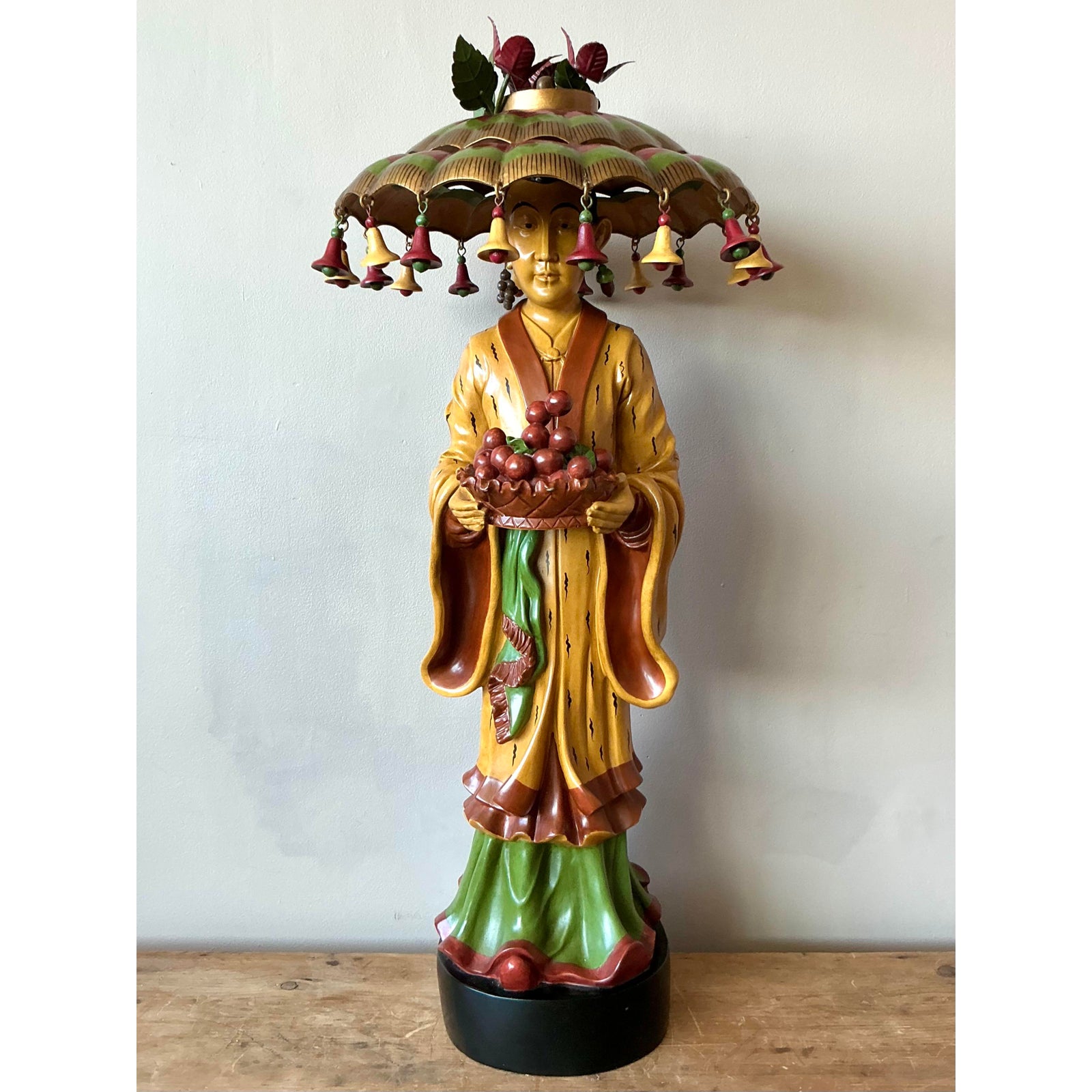 Vintage Asian Carved Asian Figure With Umbrella Hat - Top view