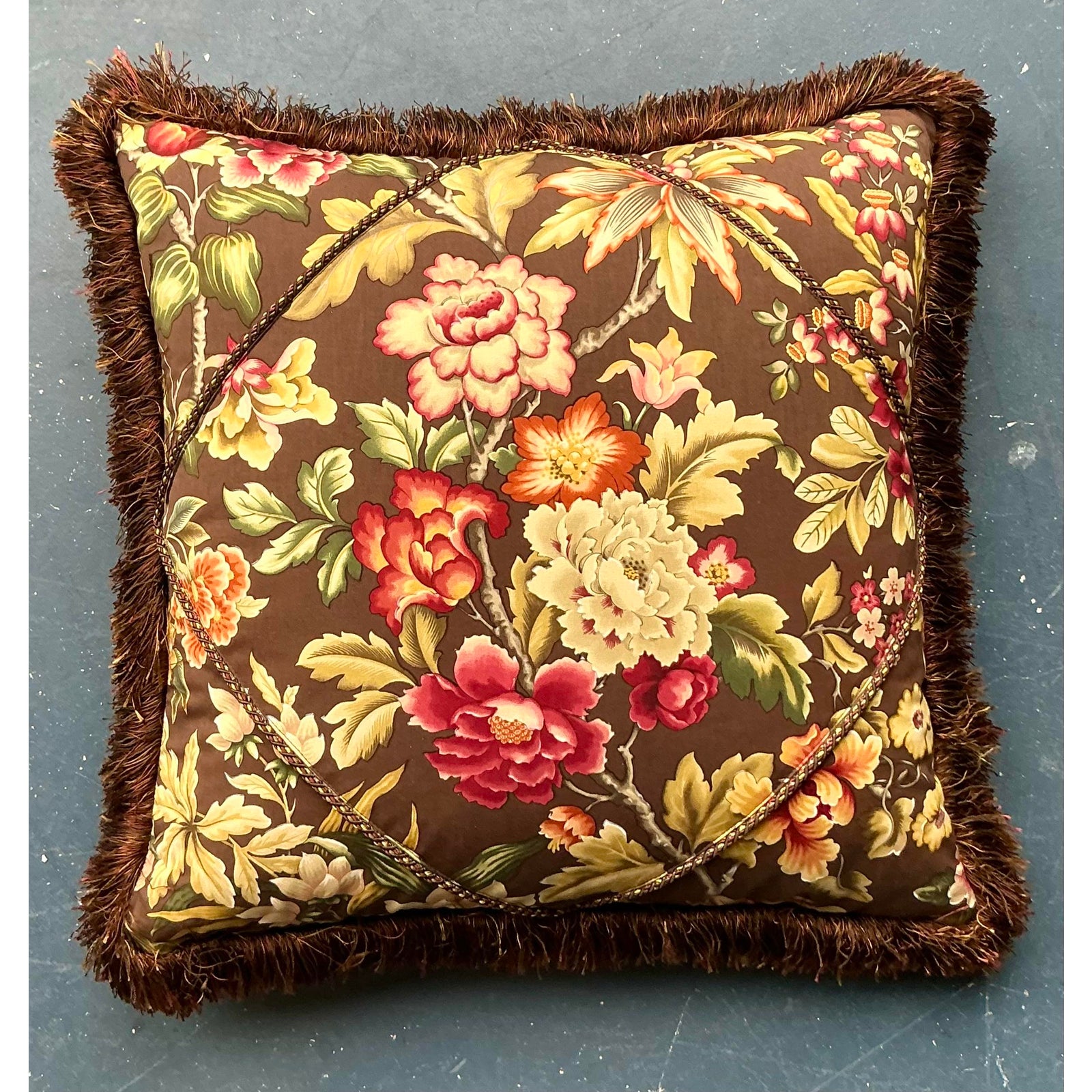 Vintage Regency Floral Caterpillar Trimmed Throw Pillow - Back view