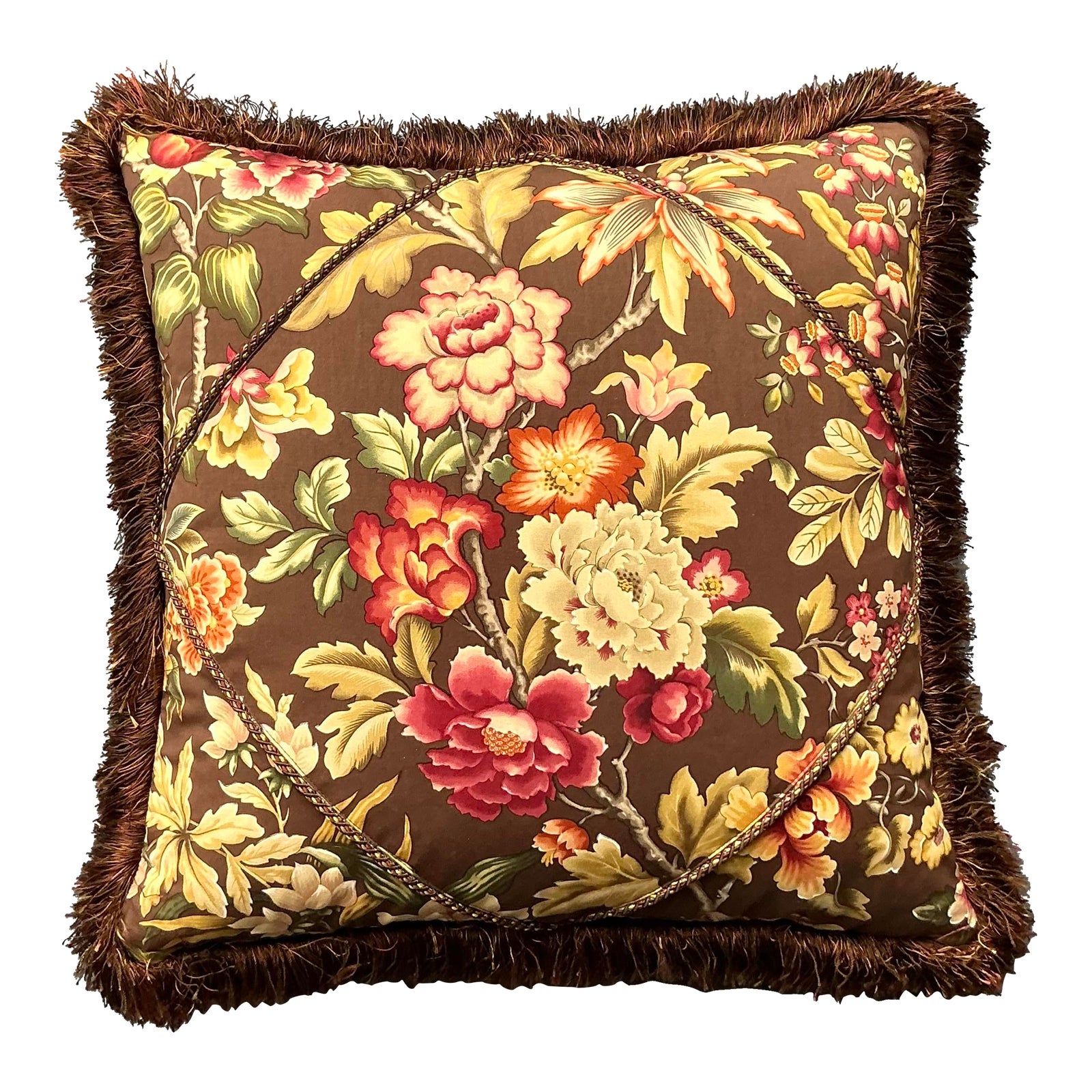 Vintage Regency Floral Caterpillar Trimmed Throw Pillow