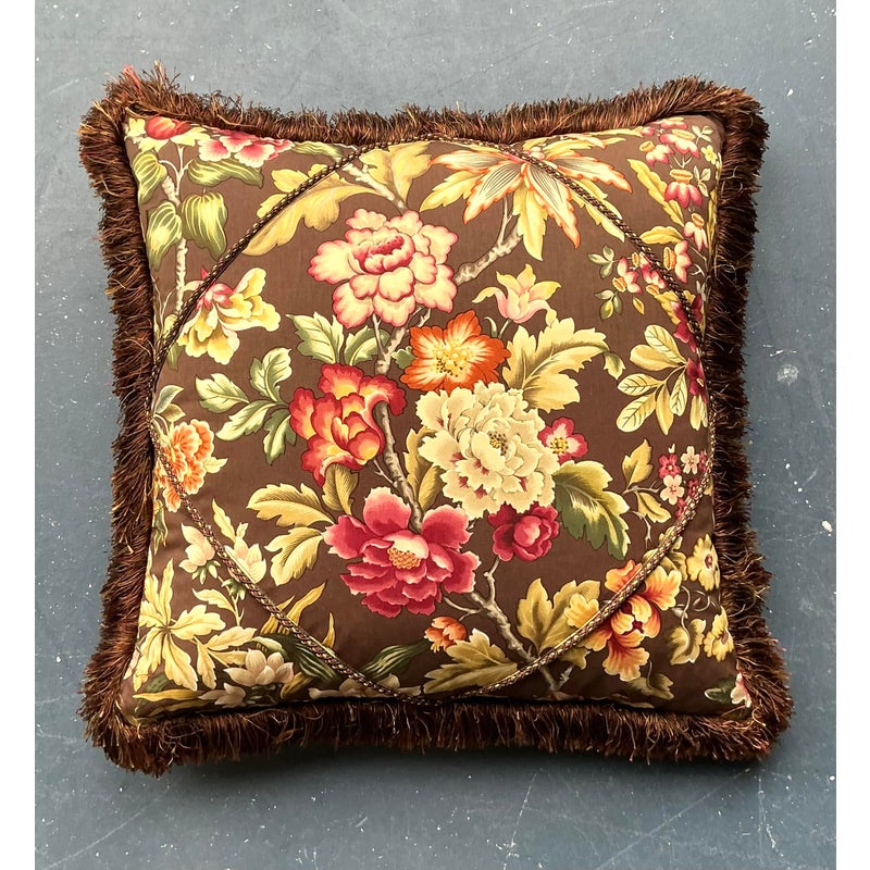 Vintage Regency Floral Caterpillar Trimmed Throw Pillow - Top view