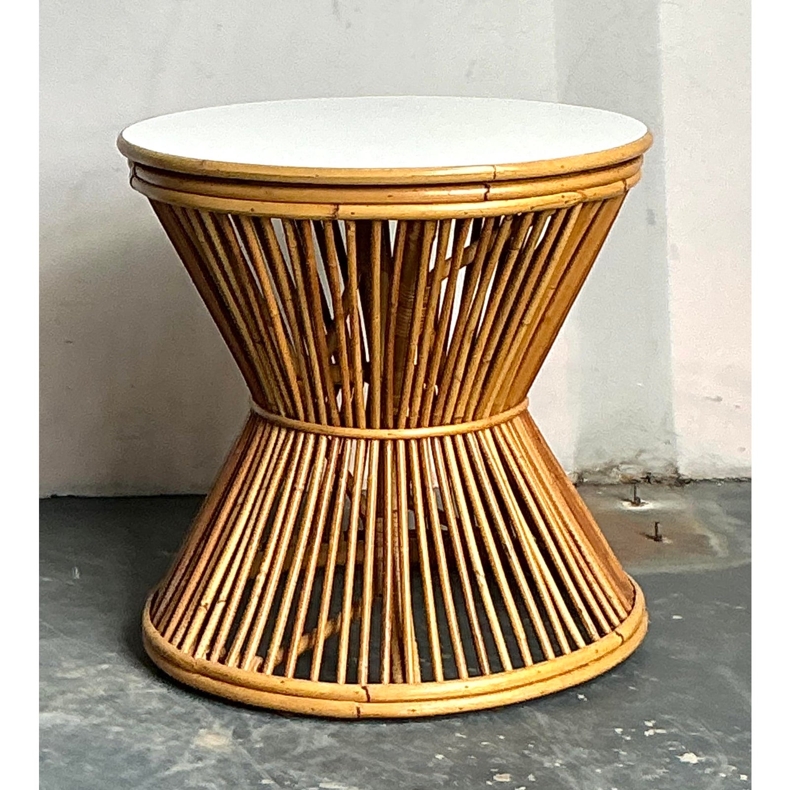 Vintage Boho Stick Rattan Side Table - Side view