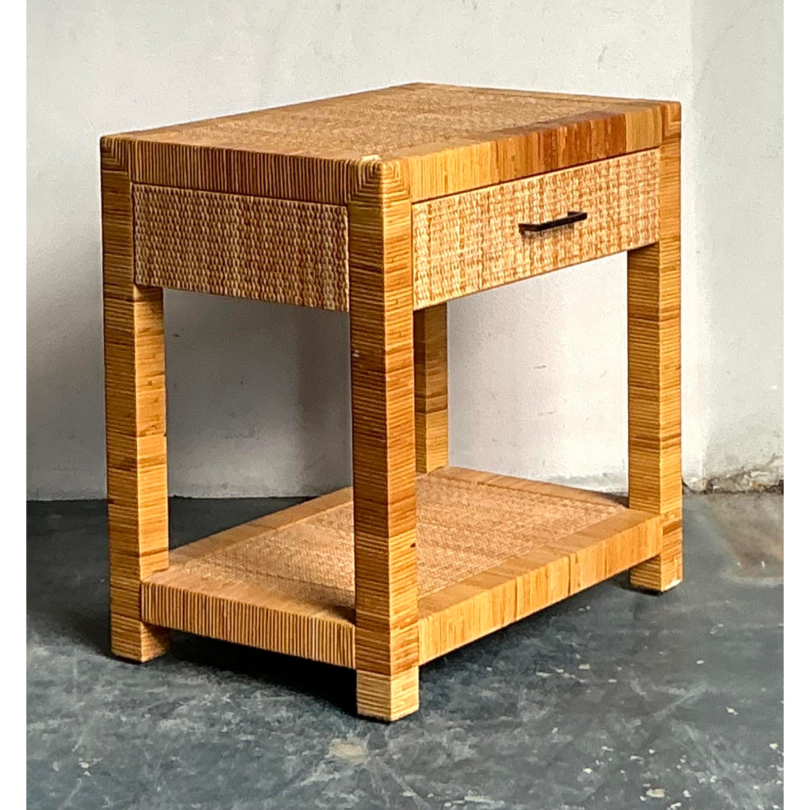 Vintage Boho Bielecky Brothers Woven Rattan Nightstand - Top view