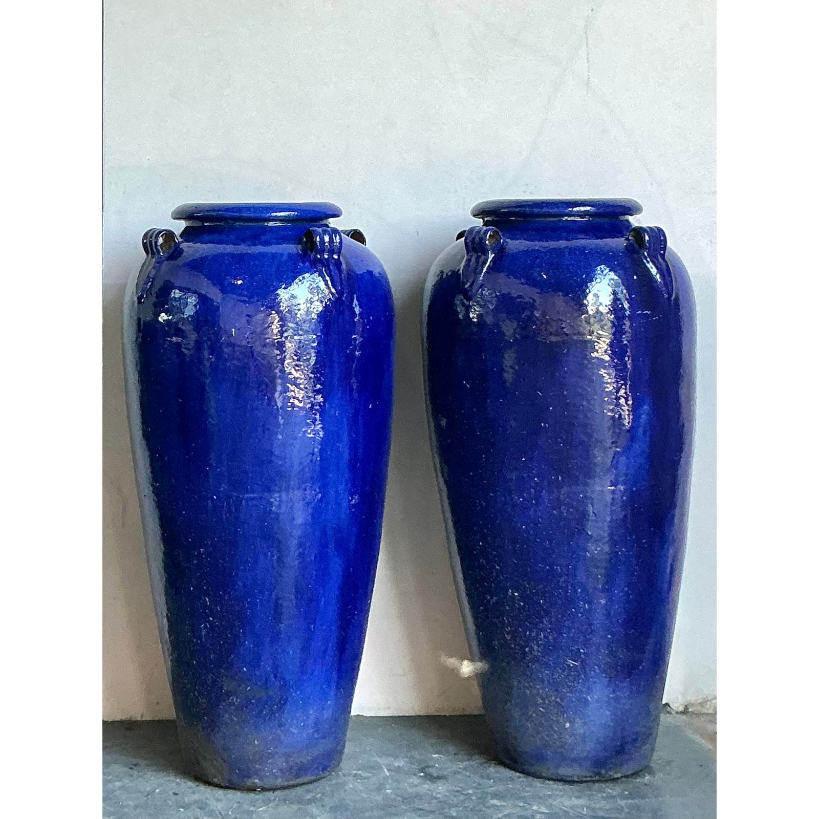 Vintage Boho Monumental Cobalt Glazed Ceramic Urns - A Pair - Detail view