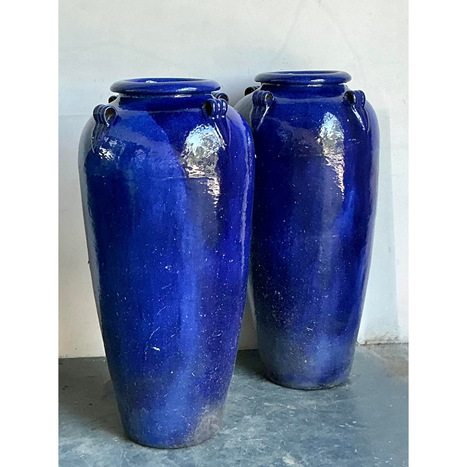 Vintage Boho Monumental Cobalt Glazed Ceramic Urns - A Pair - Side view