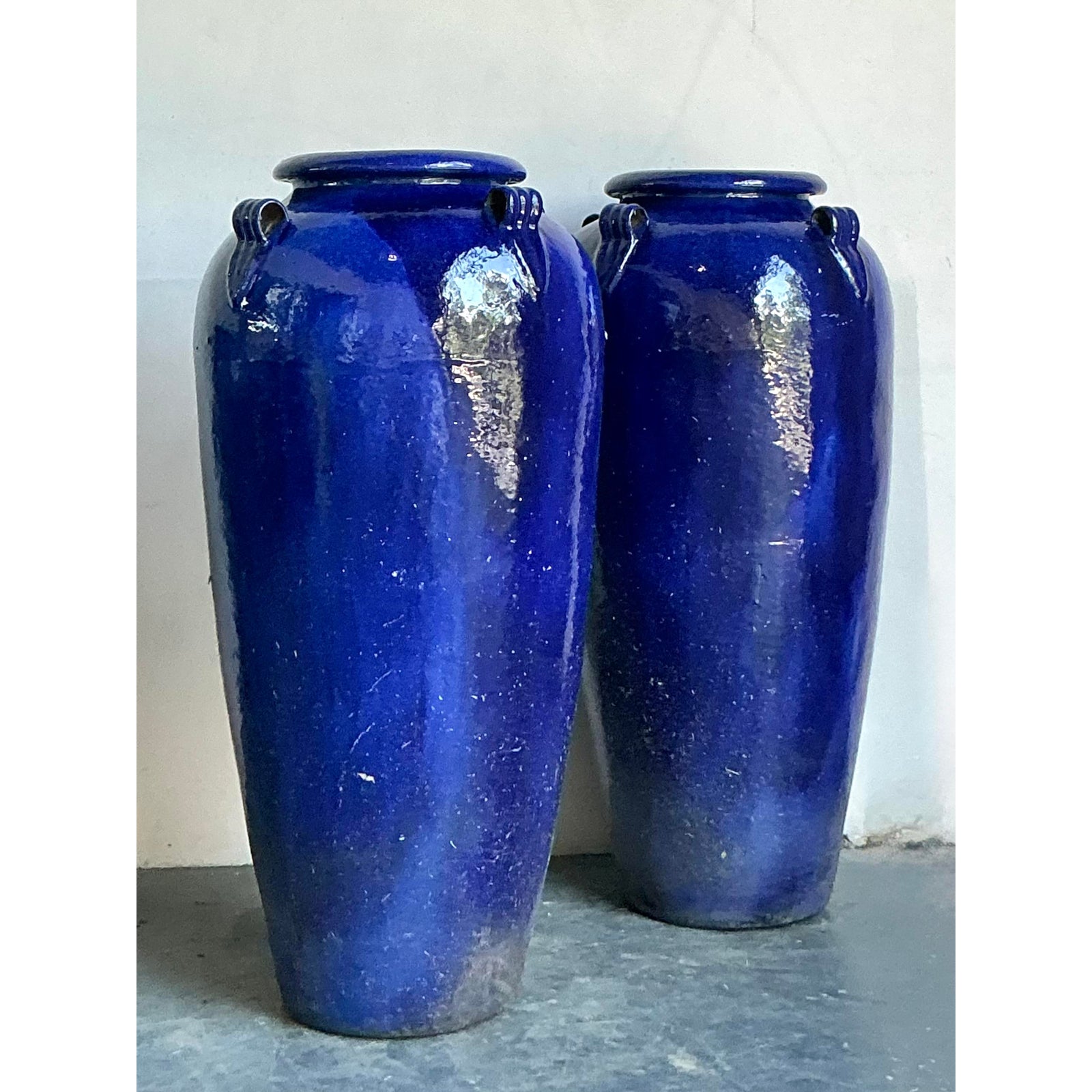 Vintage Boho Monumental Cobalt Glazed Ceramic Urns - A Pair - Top view