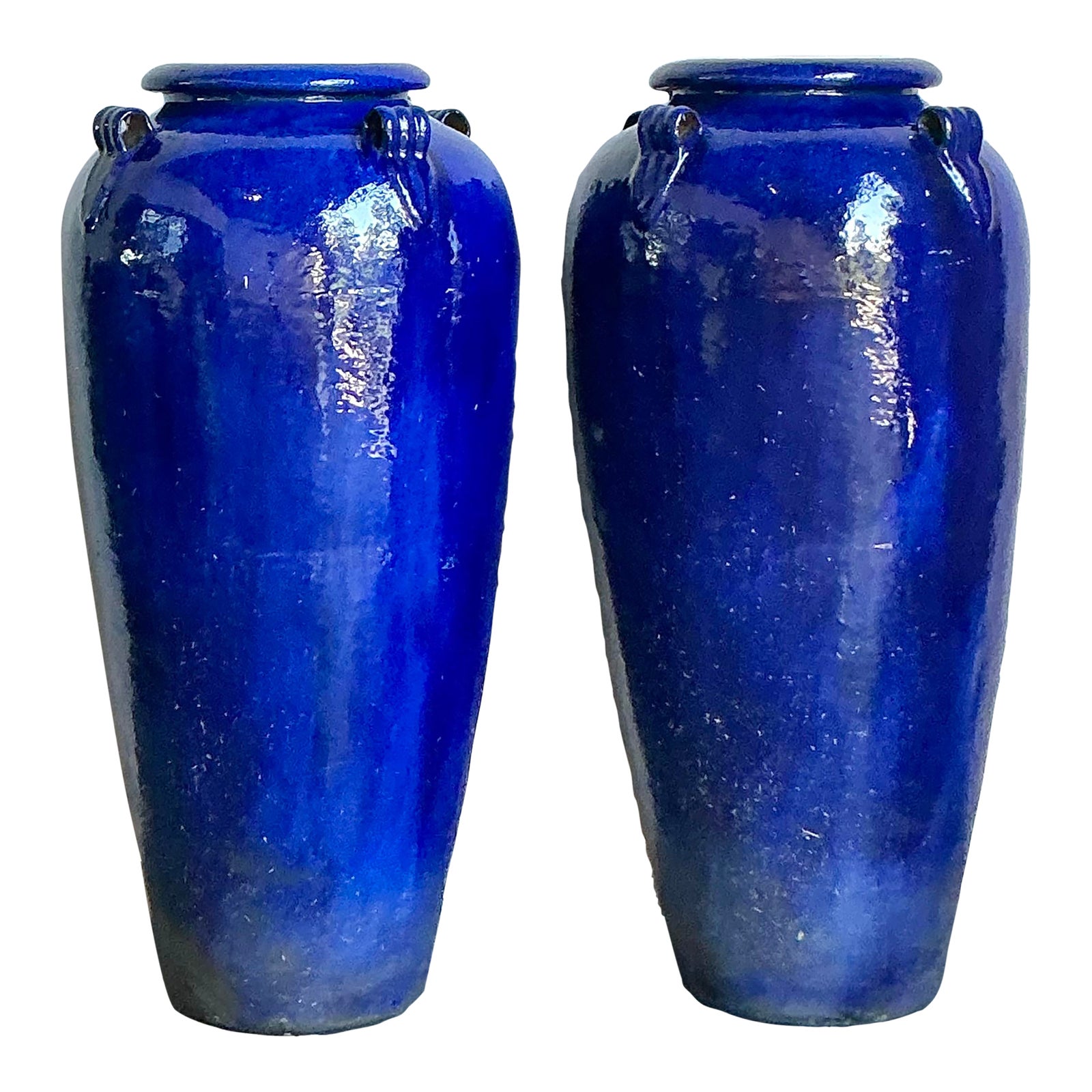 Vintage Boho Monumental Cobalt Glazed Ceramic Urns - A Pair