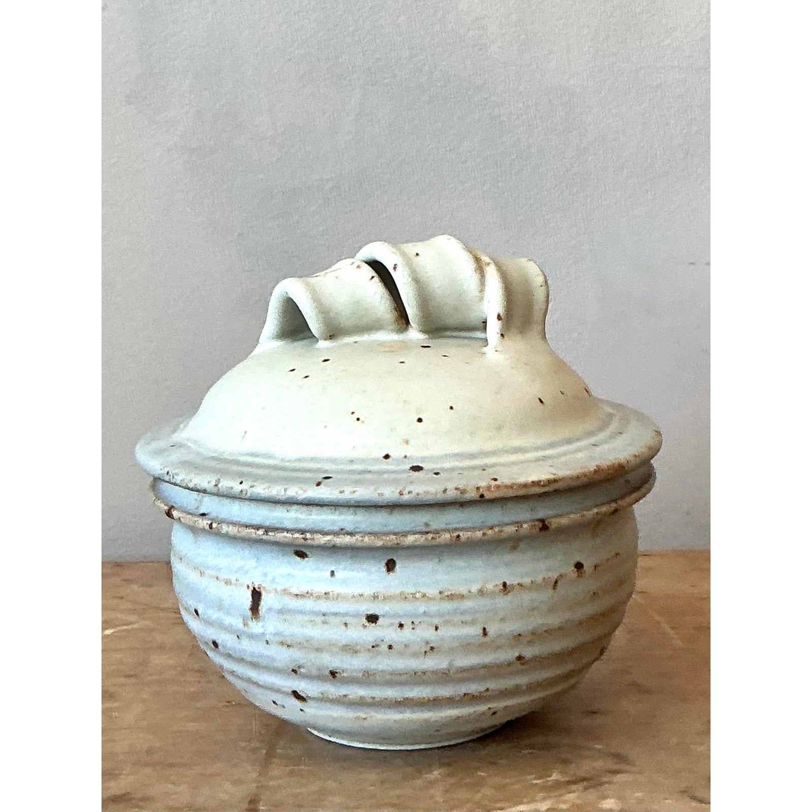 Vintage Boho Studio Pottery Lidded Bowl - Top view