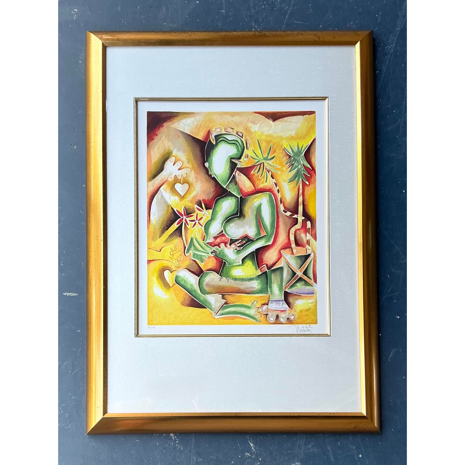Vintage Boho Signed and Numbered Lithograph - Side view