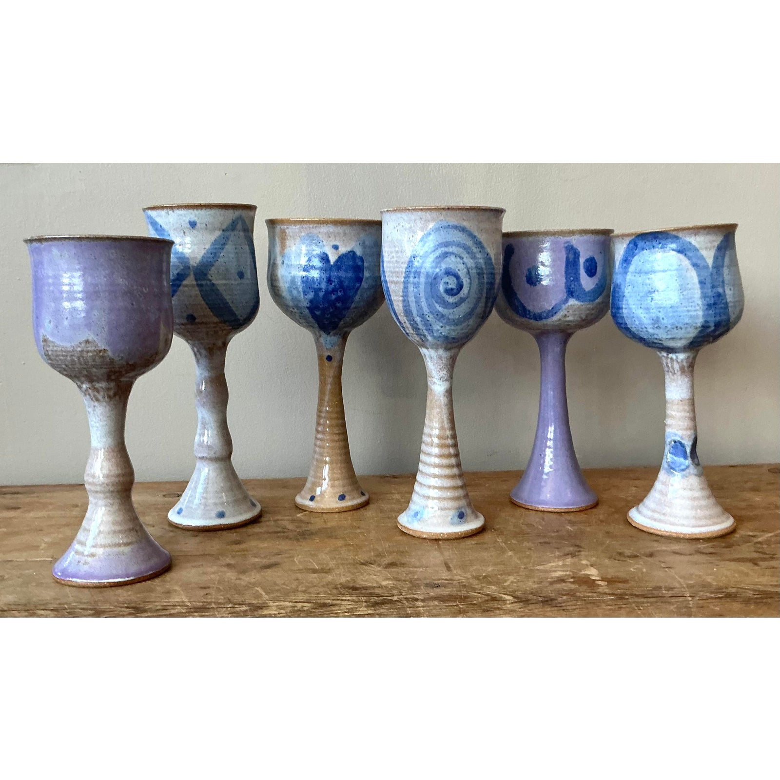 Vintage Boho Studio Pottery Wine Glasses - Set of 6 - Side view
