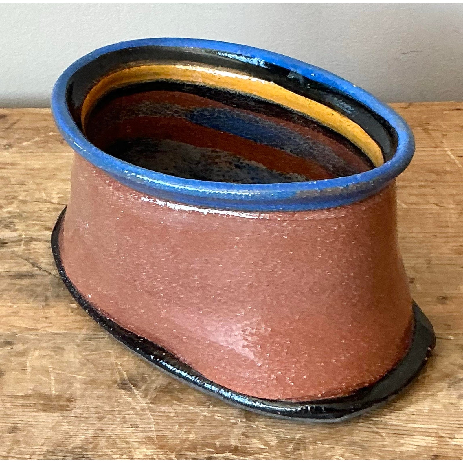 Vintage Boho Studio Pottery Oval Bowl - Top view