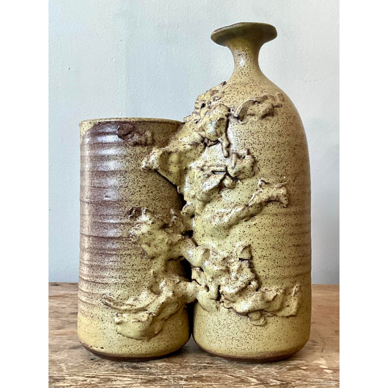Vintage Boho Abstract Studio Pottery Vase - Top view