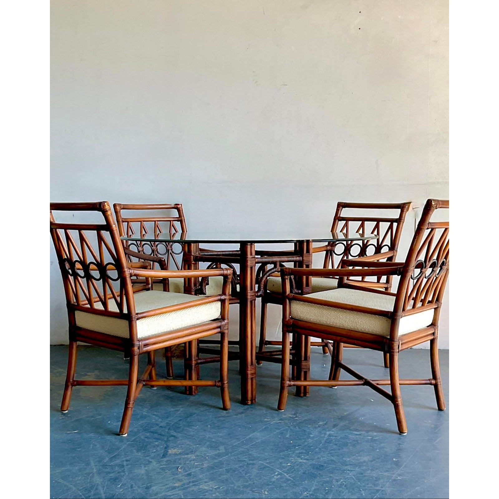 Vintage Boho Ficks Reed Rattan Loop Back Dining Set of 5 - Side view