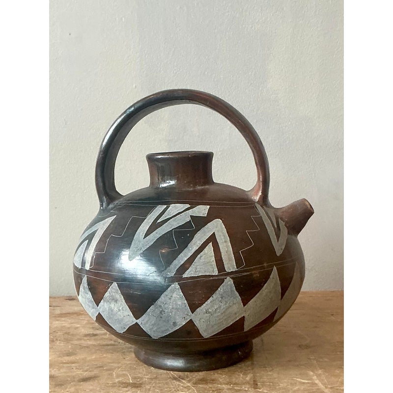 Vintage Boho Mexican Hand Painted Terra Cotta Water Jug - Back view