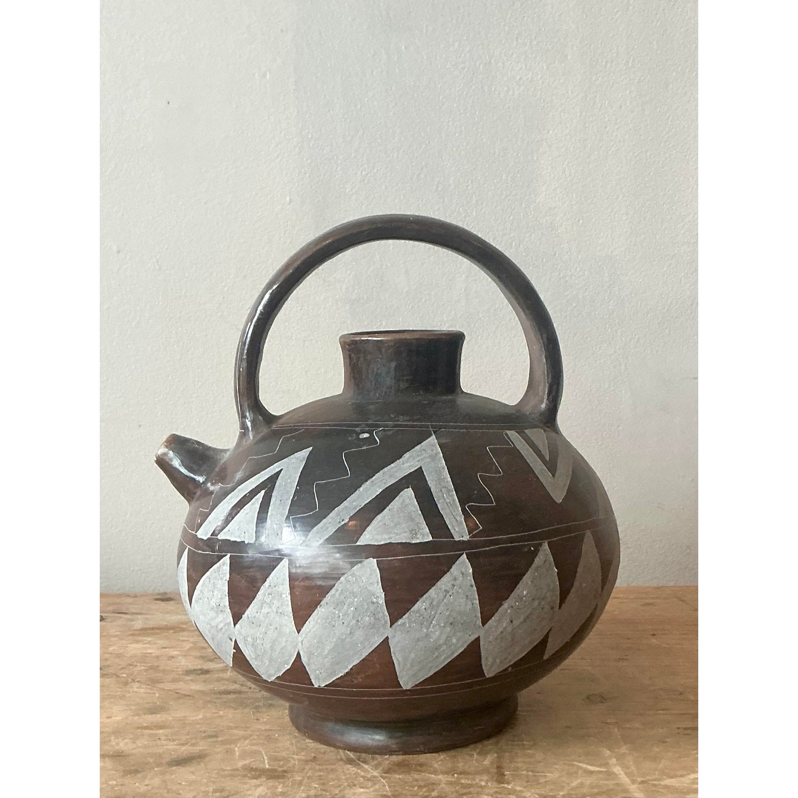 Vintage Boho Mexican Hand Painted Terra Cotta Water Jug - Side view