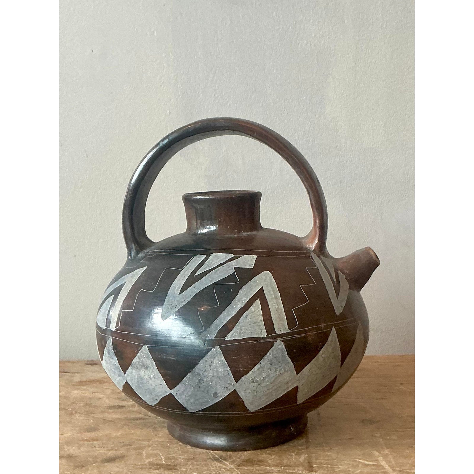Vintage Boho Mexican Hand Painted Terra Cotta Water Jug - Top view