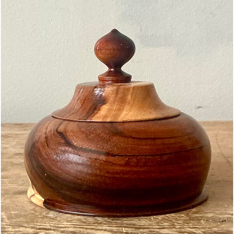Vintage Boho Turned Wood Lidded Pot - Detail view