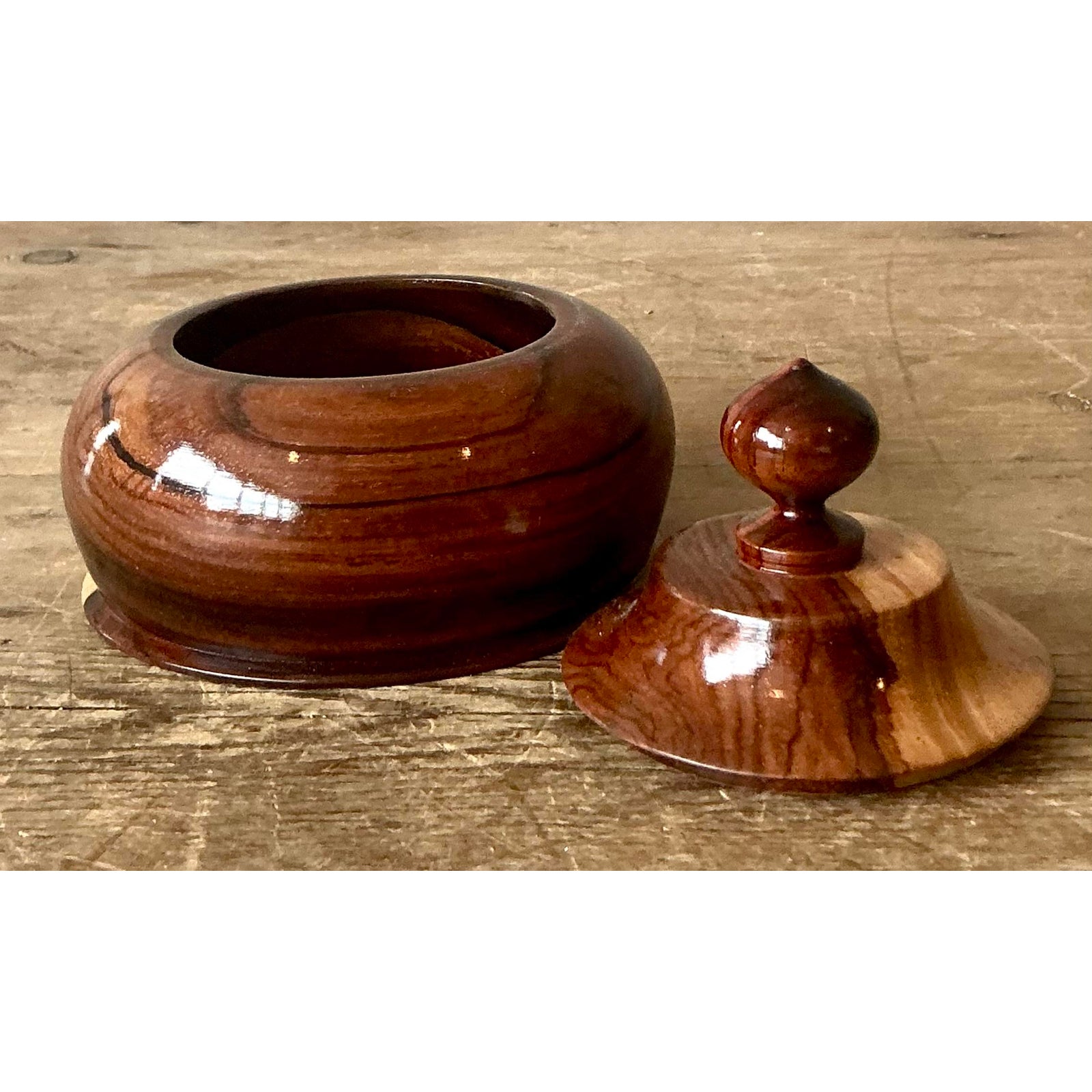 Vintage Boho Turned Wood Lidded Pot - Top view