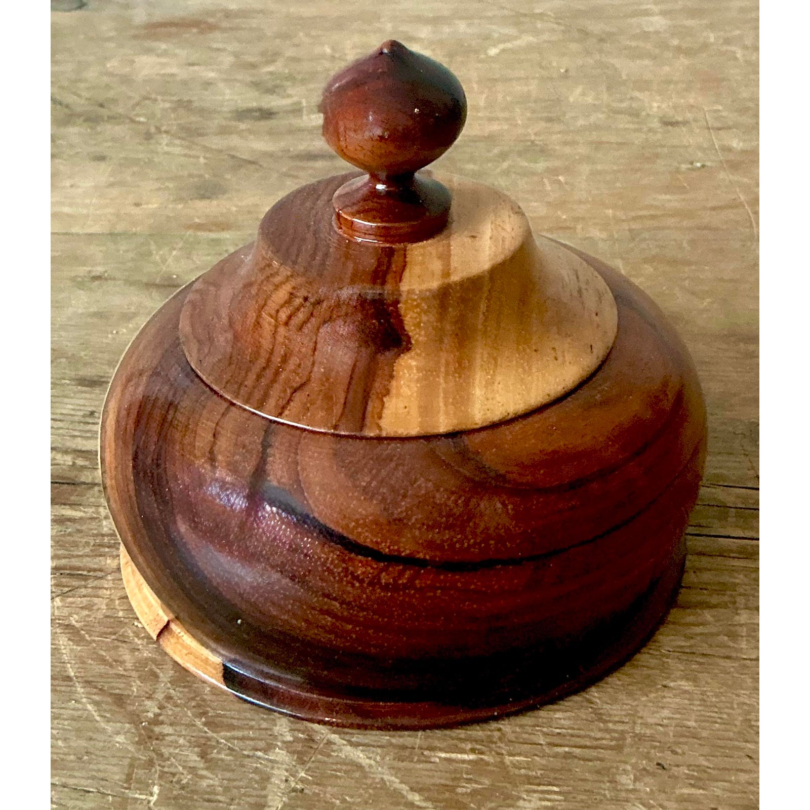 Vintage Boho Turned Wood Lidded Pot - Back view