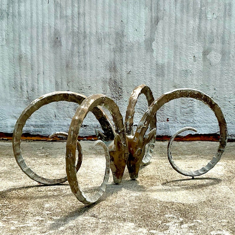 1970s Vintage Boho Cast Aluminum Ibex Dining Table Pedestals After Chervet. - Side view