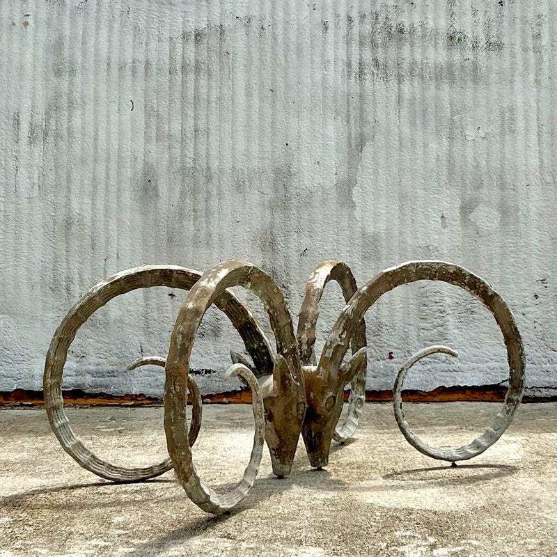 1970s Vintage Boho Cast Aluminum Ibex Dining Table Pedestals After Chervet. - Back view