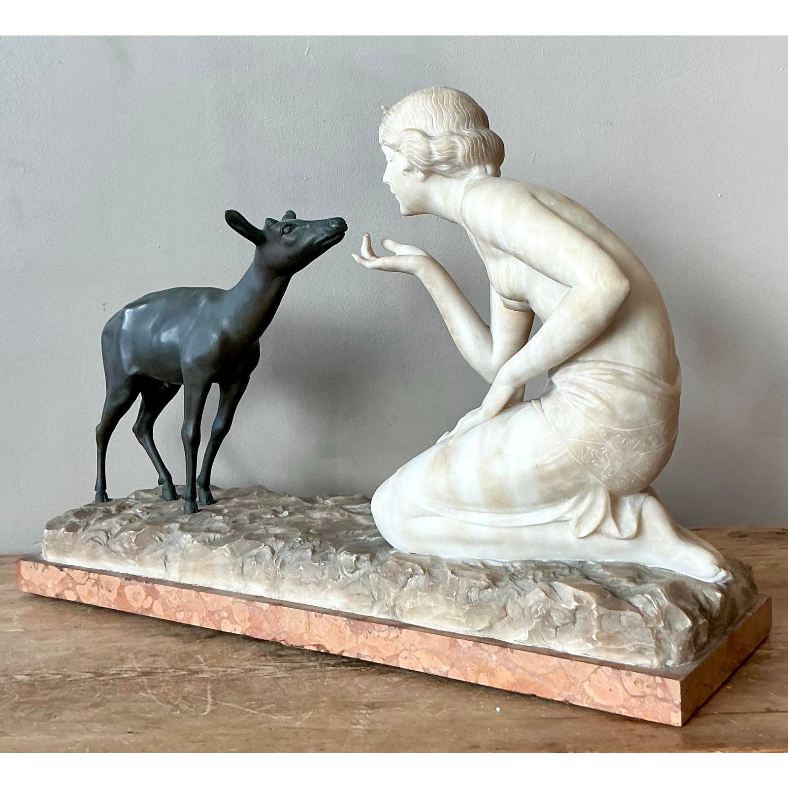 Vintage French Deco R. Ponti “Femme a La Biche” Carved Stone and Bronze Sculpture - Top view