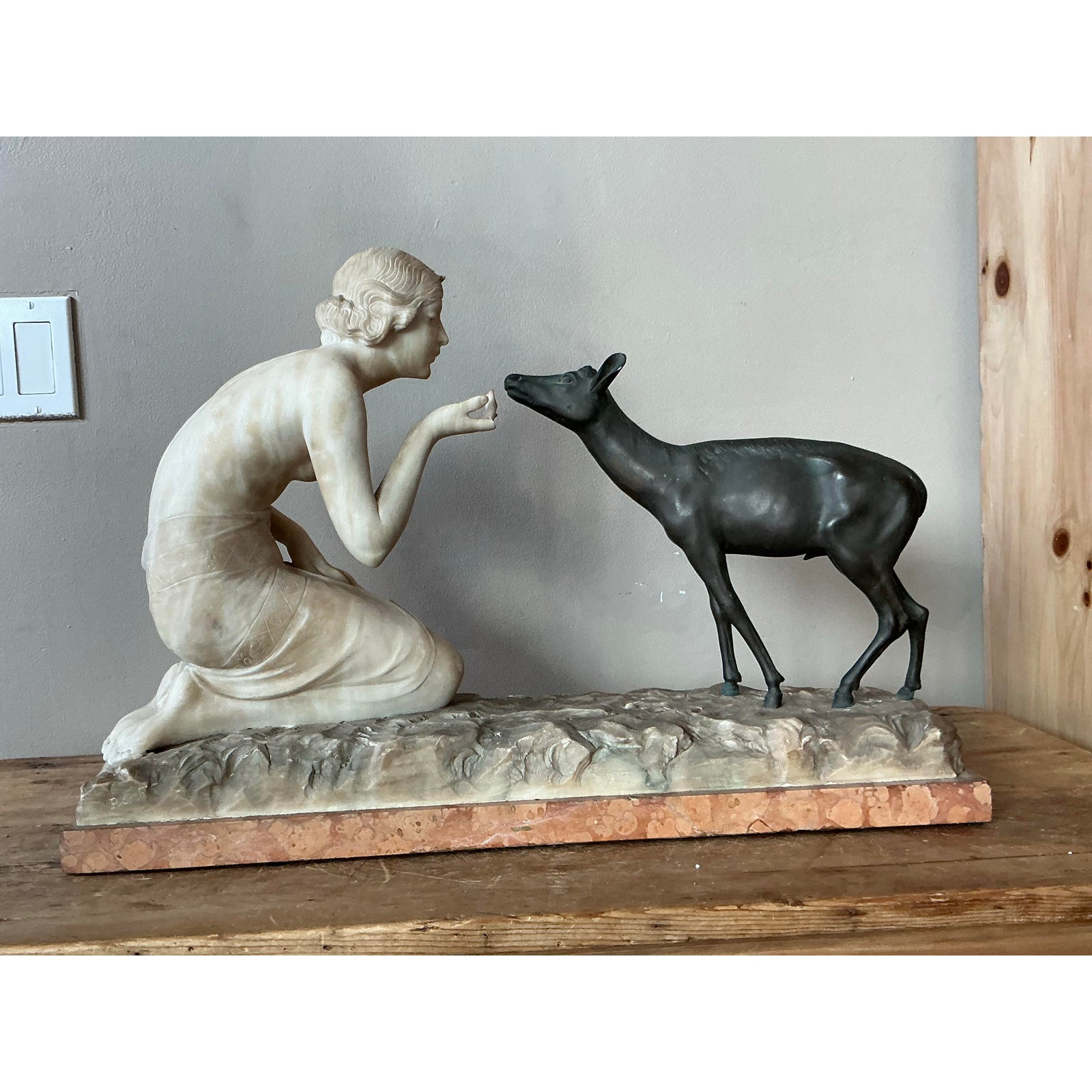 Vintage French Deco R. Ponti “Femme a La Biche” Carved Stone and Bronze Sculpture - Back view