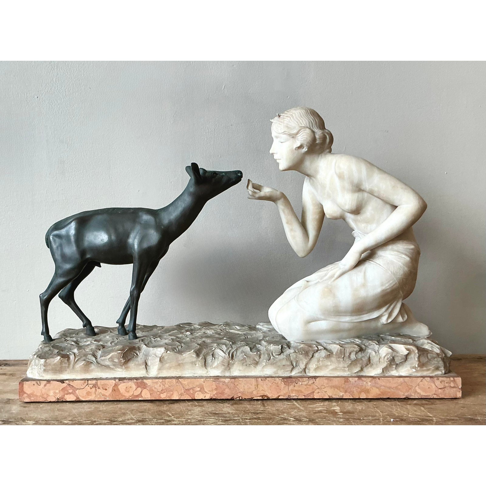 Vintage French Deco R. Ponti “Femme a La Biche” Carved Stone and Bronze Sculpture - Side view