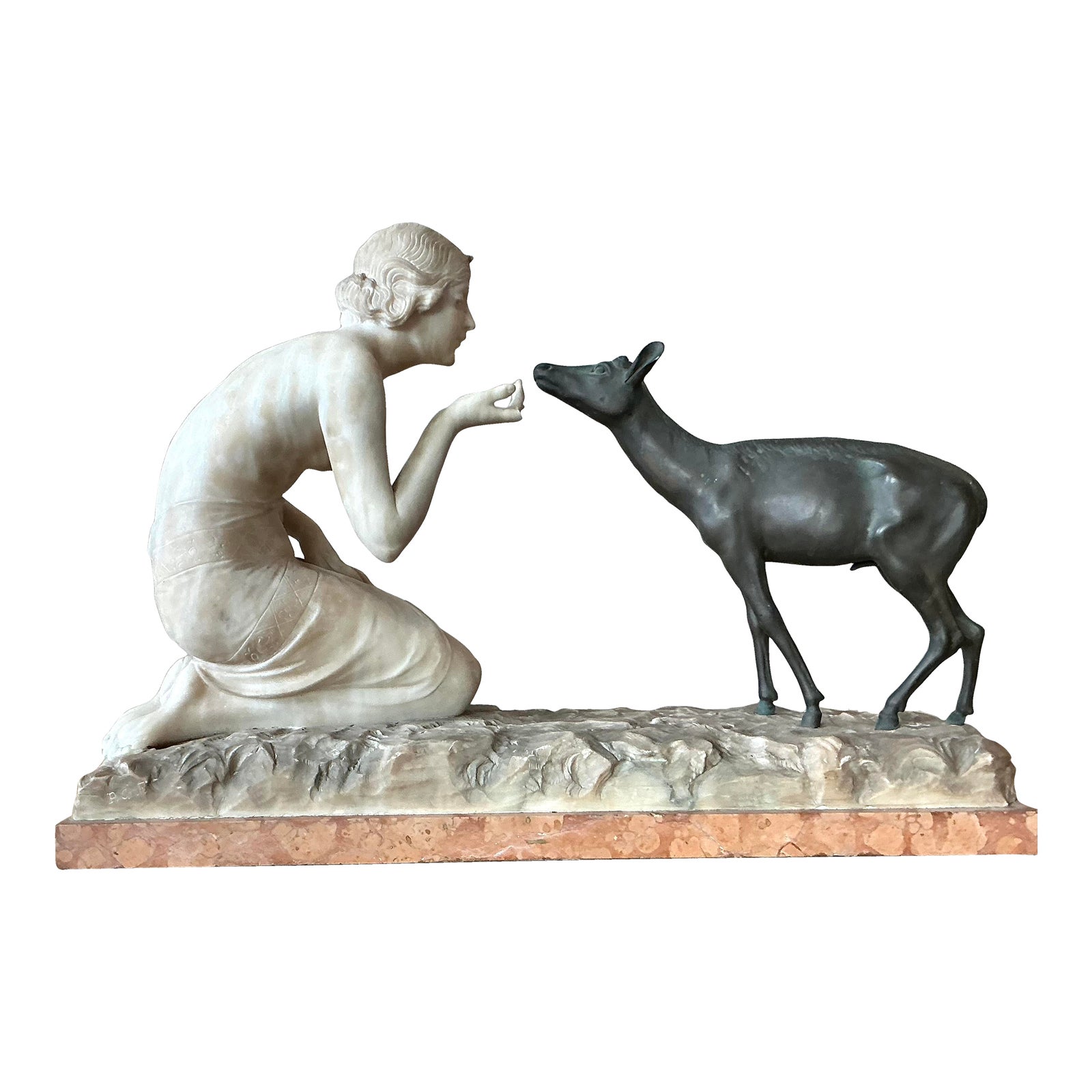 Vintage French Deco R. Ponti “Femme a La Biche” Carved Stone and Bronze Sculpture