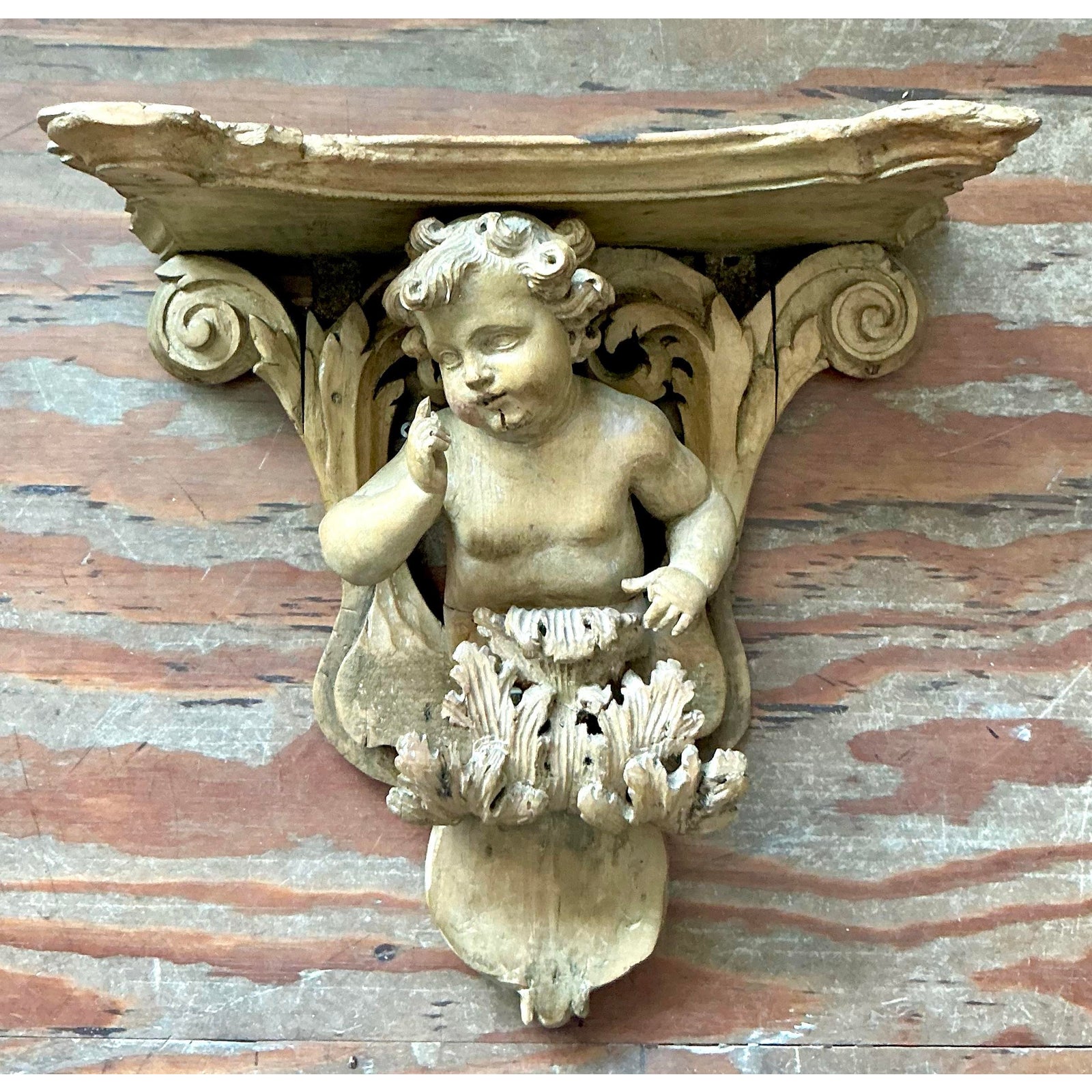 Vintage Regency Hand Carved Putti Bracket - Detail view