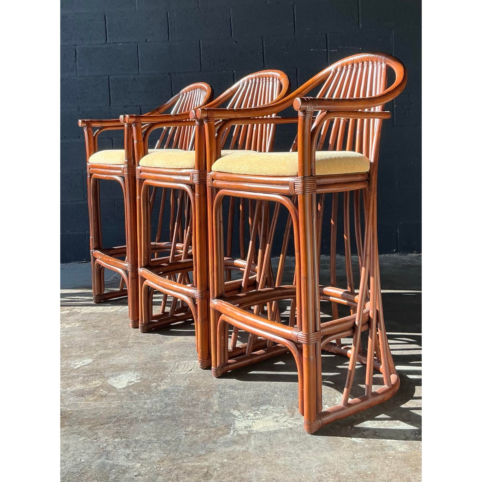 Vintage Boho Bent Rattan Bar Stools - Set of 3 - Detail view