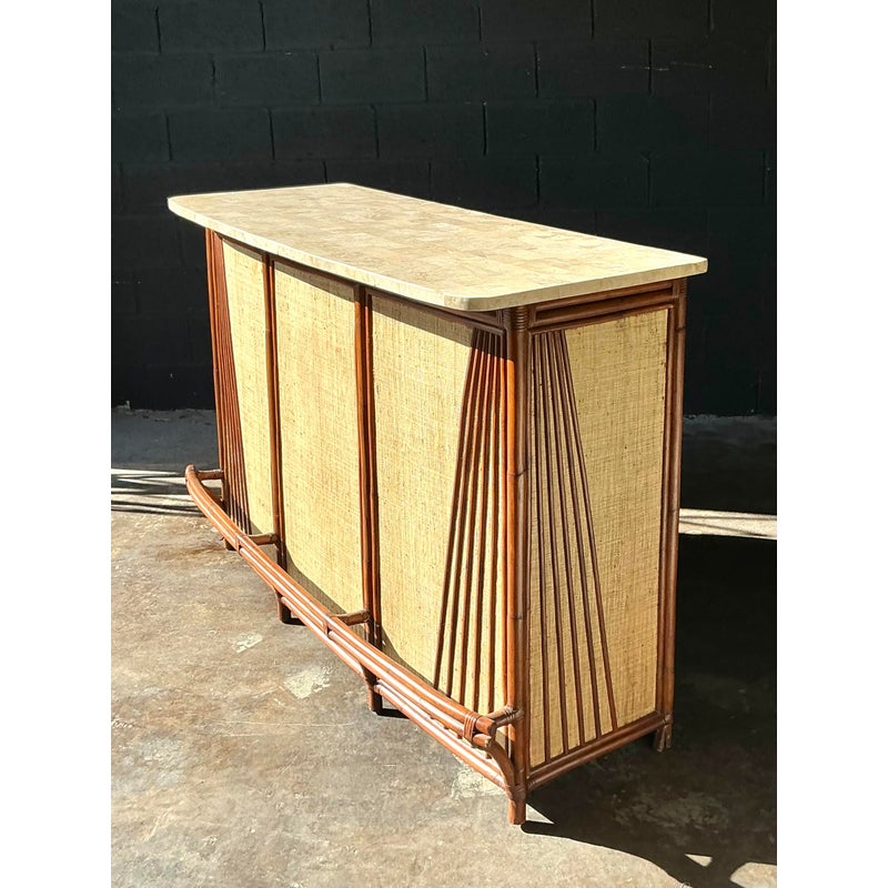 Vintage Boho Rattan and Grasscloth Dry Bar - Side view