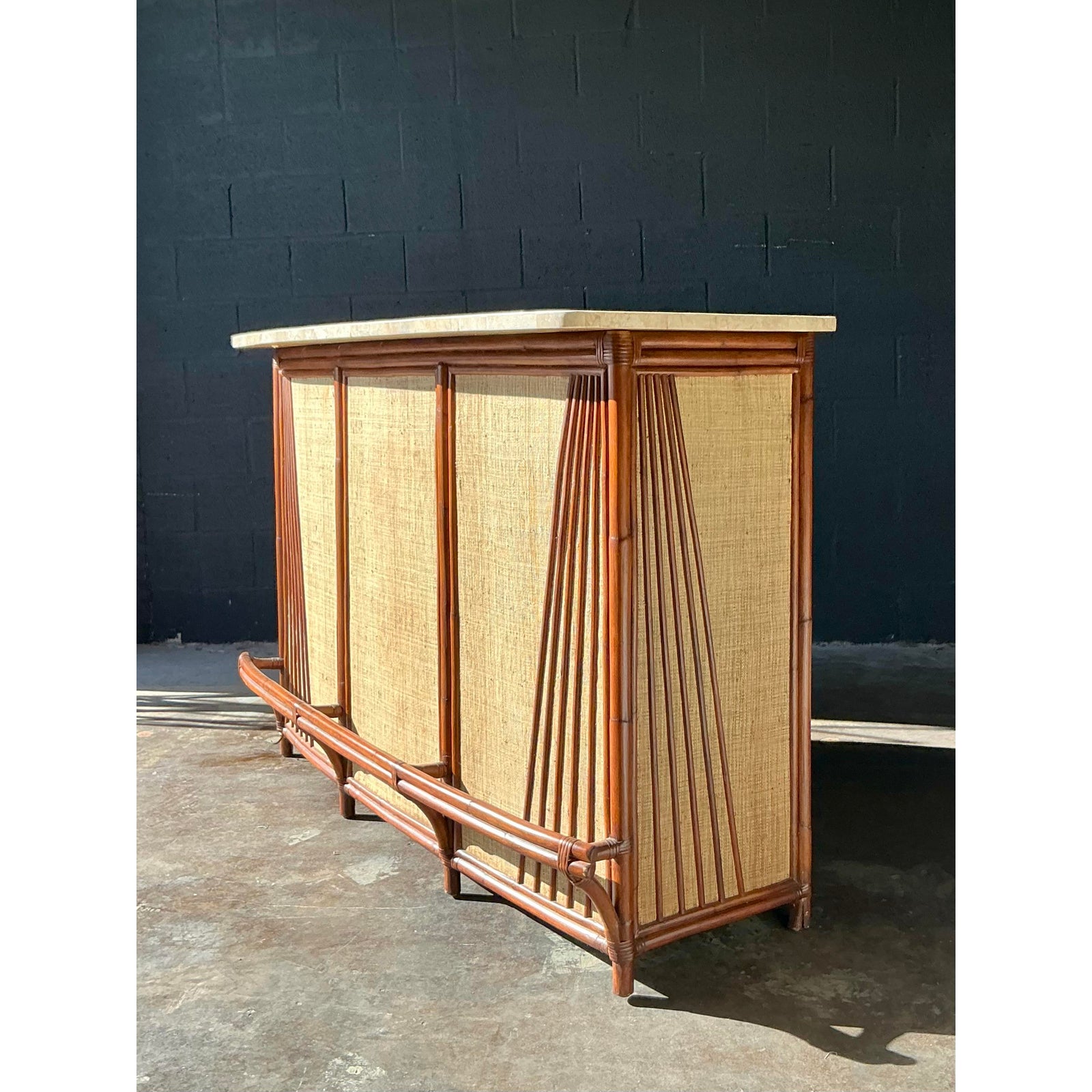 Vintage Boho Rattan and Grasscloth Dry Bar - Back view