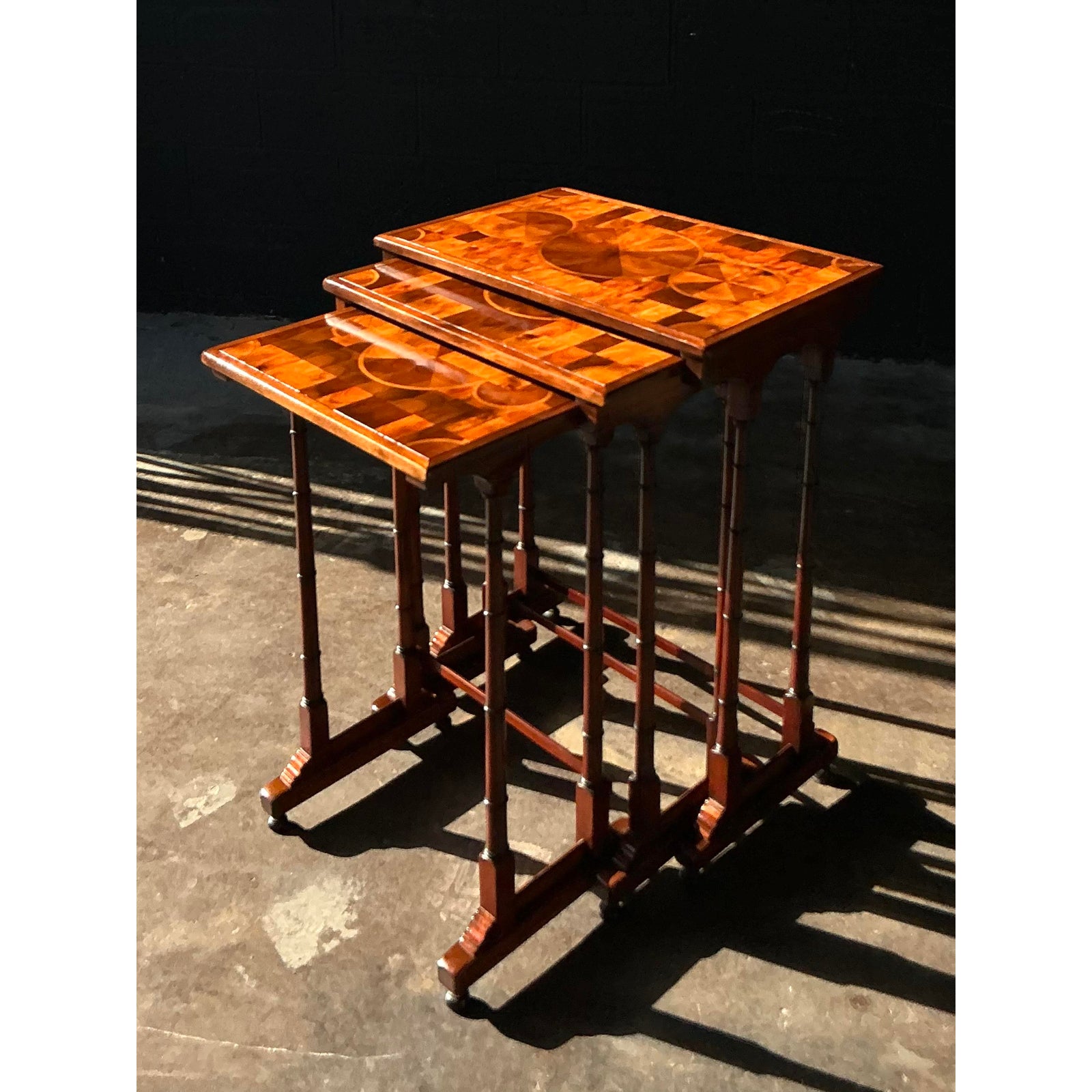 Vintage Boho Marquetry Nesting Tables - Set of 3 - Side view