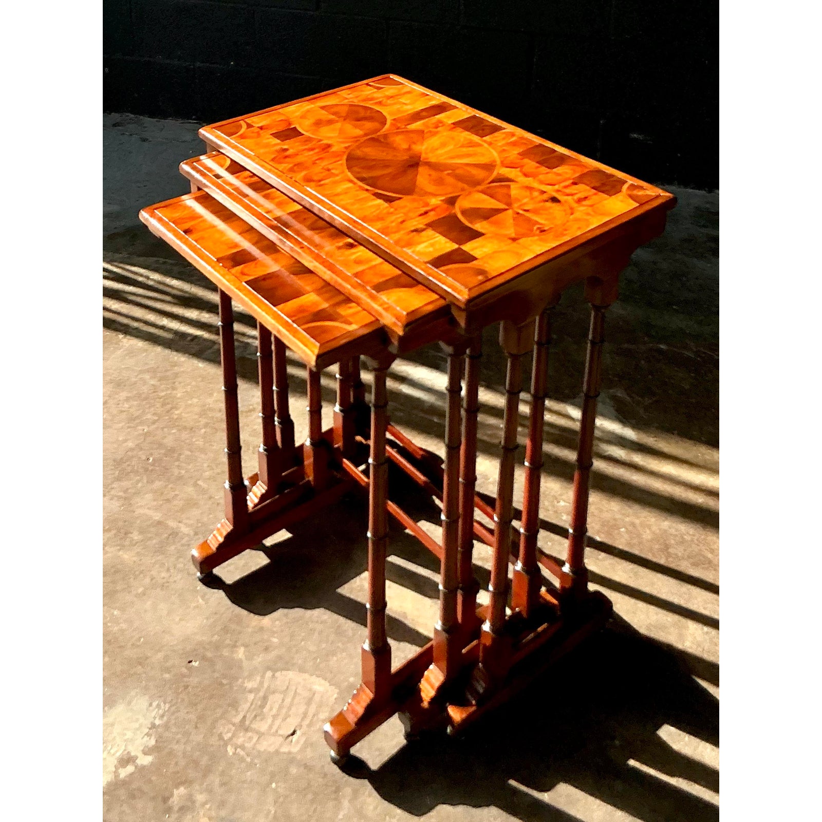 Vintage Boho Marquetry Nesting Tables - Set of 3 - Back view
