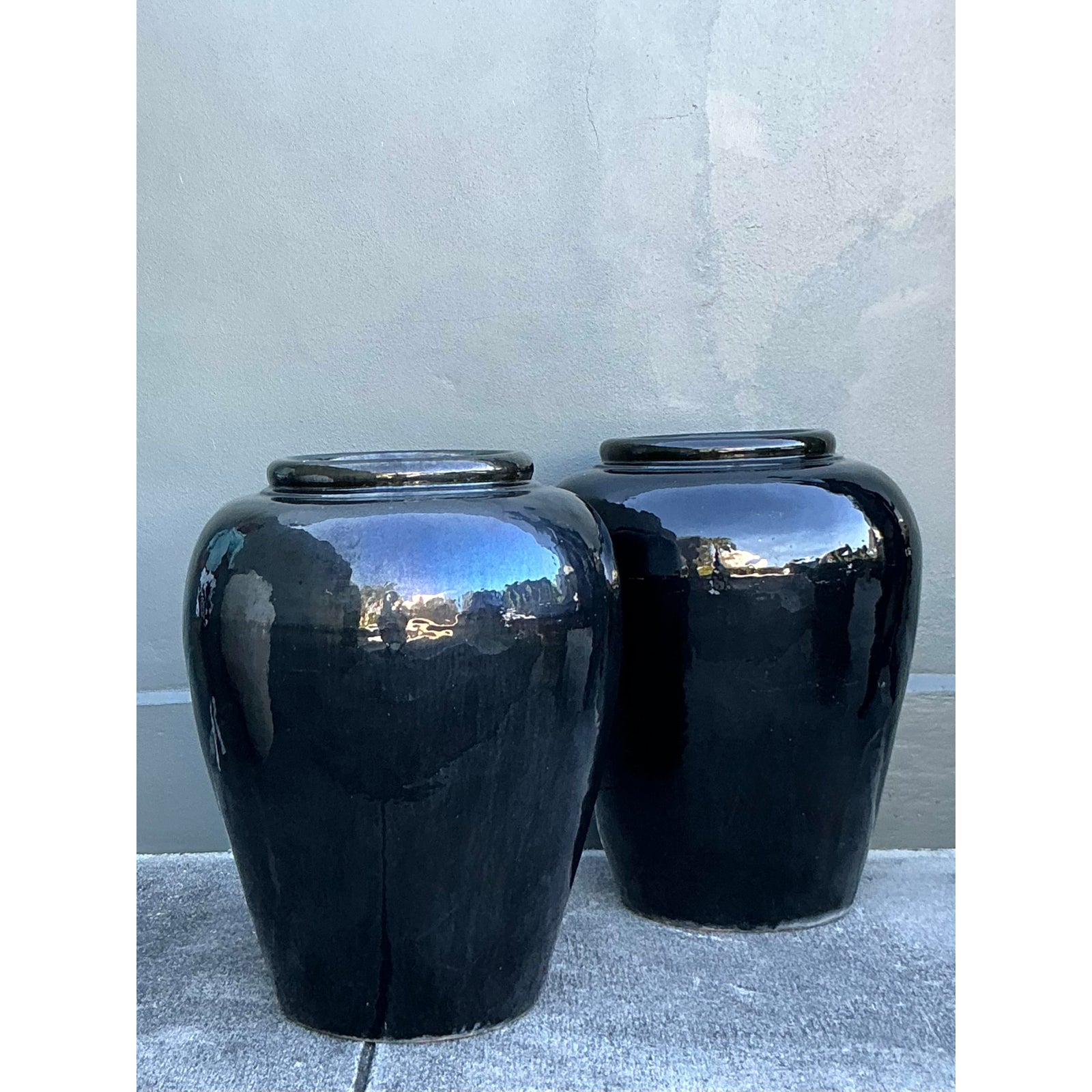 Vintage Boho Glazed Ceramic Planters - A Pair - Top view