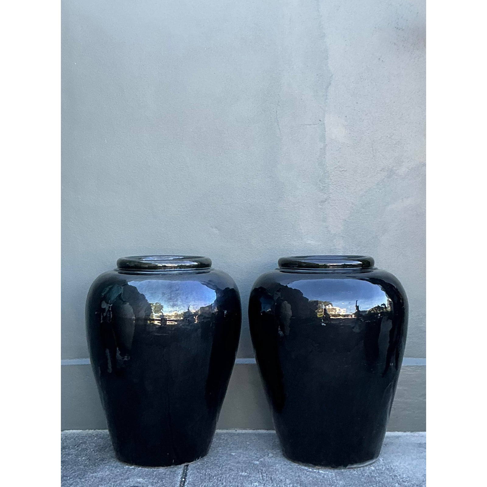 Vintage Boho Glazed Ceramic Planters - A Pair - Back view