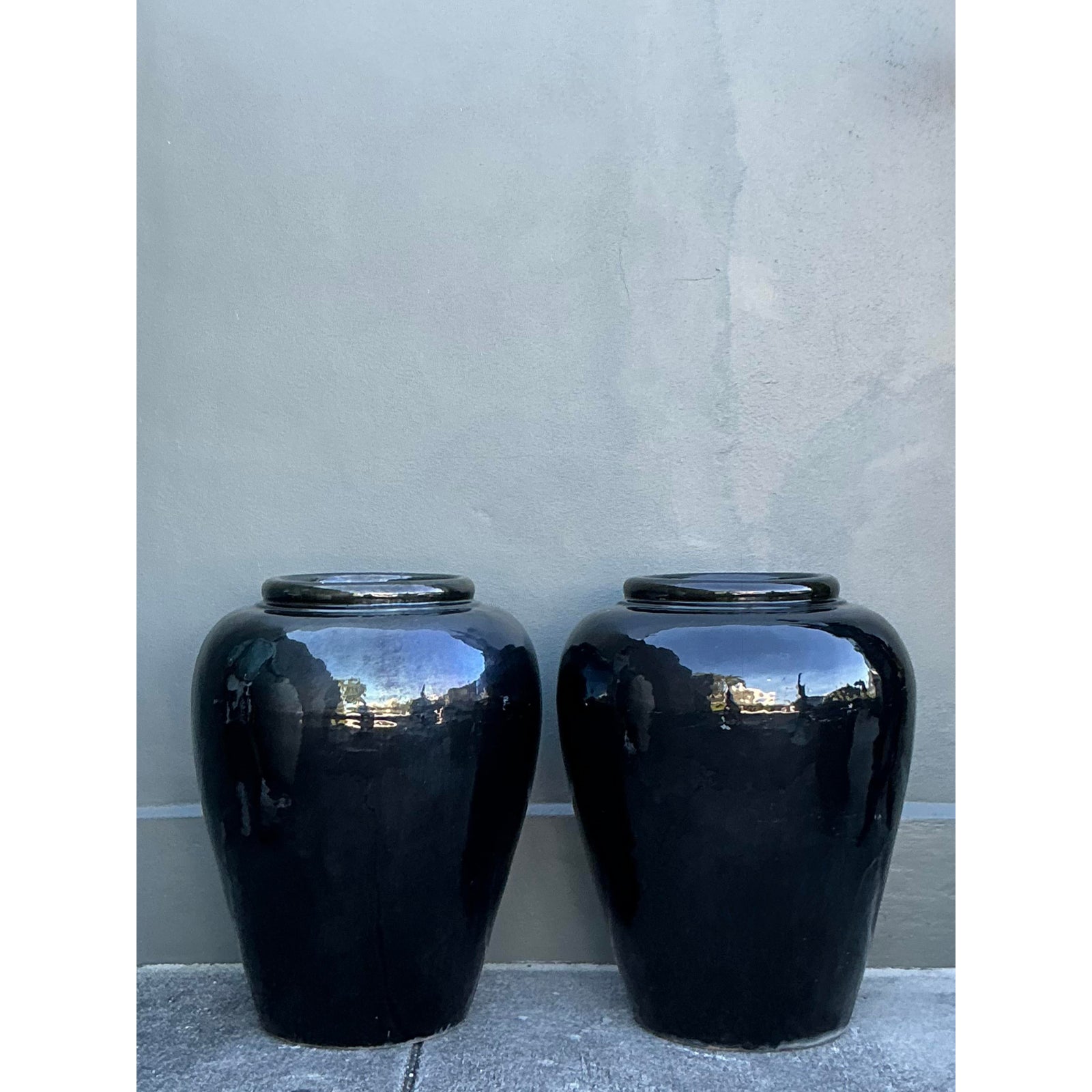 Vintage Boho Glazed Ceramic Planters - A Pair - Side view