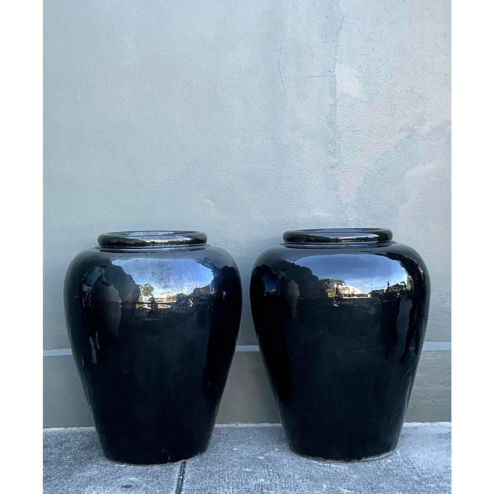 Vintage Boho Glazed Ceramic Planters - A Pair - Detail view