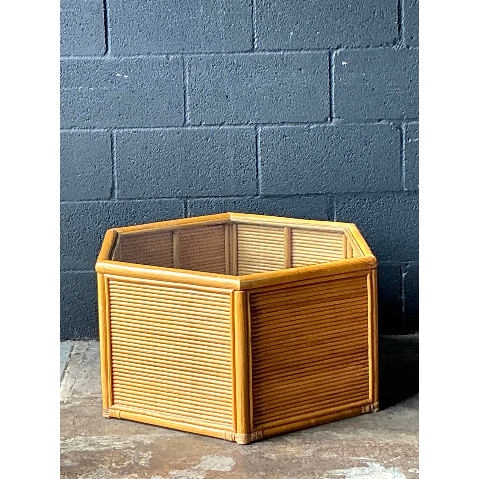 Vintage Boho Faceted Rattan Table - Side view