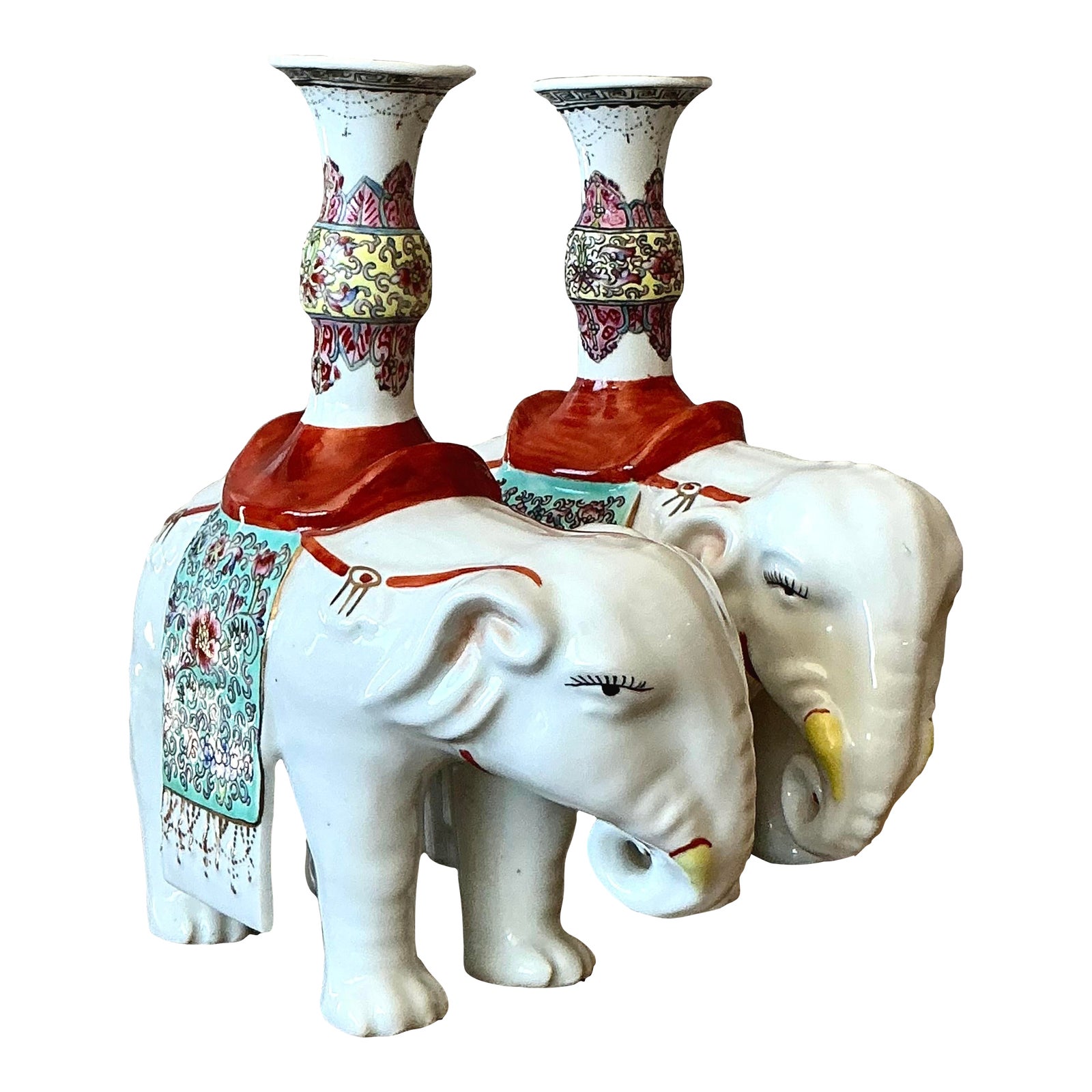 Vintage Asian Opposing Glazed Ceramic Elephant Candlesticks - A Pair