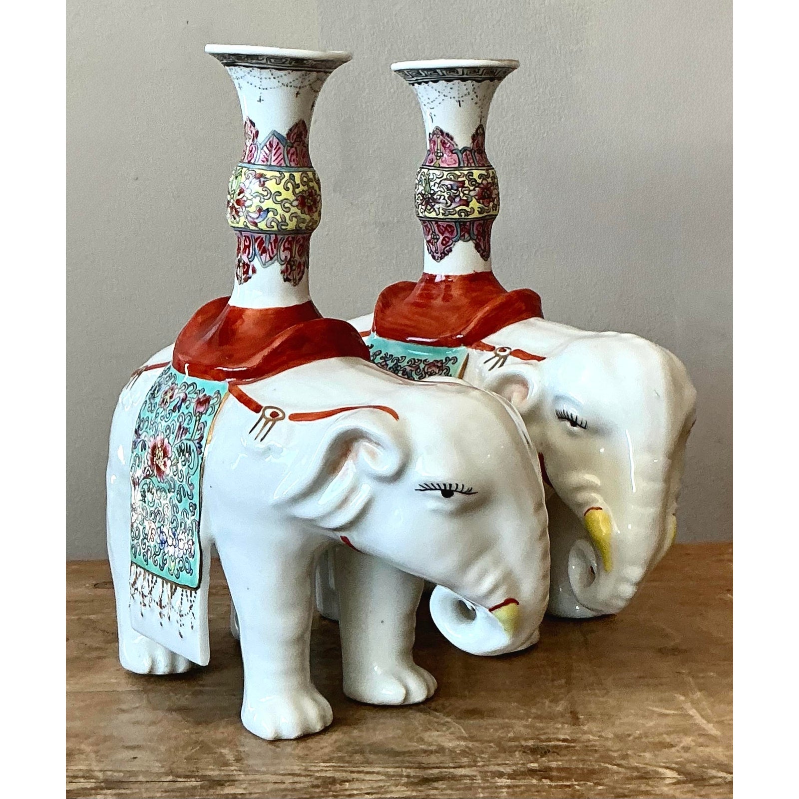 Vintage Asian Opposing Glazed Ceramic Elephant Candlesticks - A Pair - Detail view