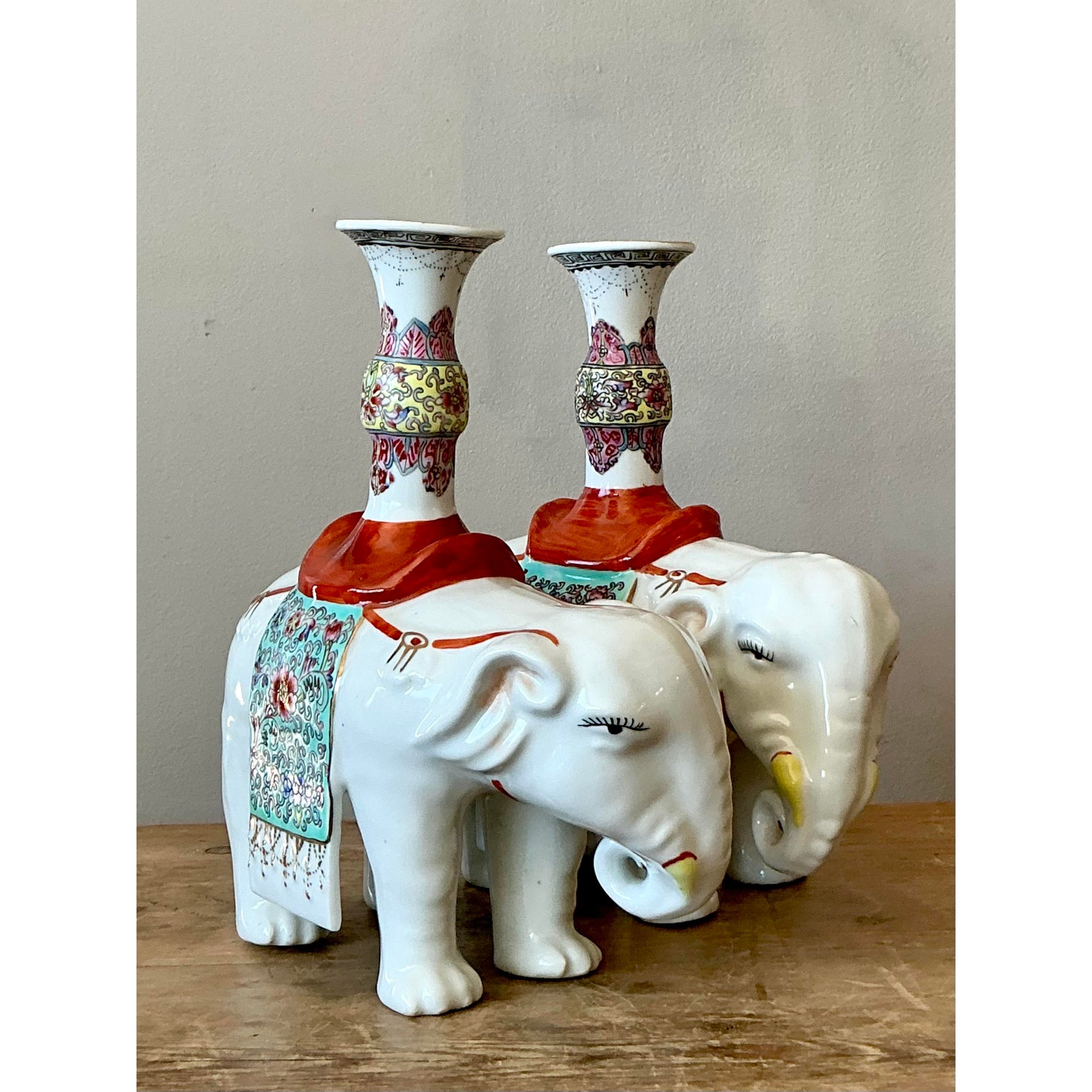 Vintage Asian Opposing Glazed Ceramic Elephant Candlesticks - A Pair - Side view