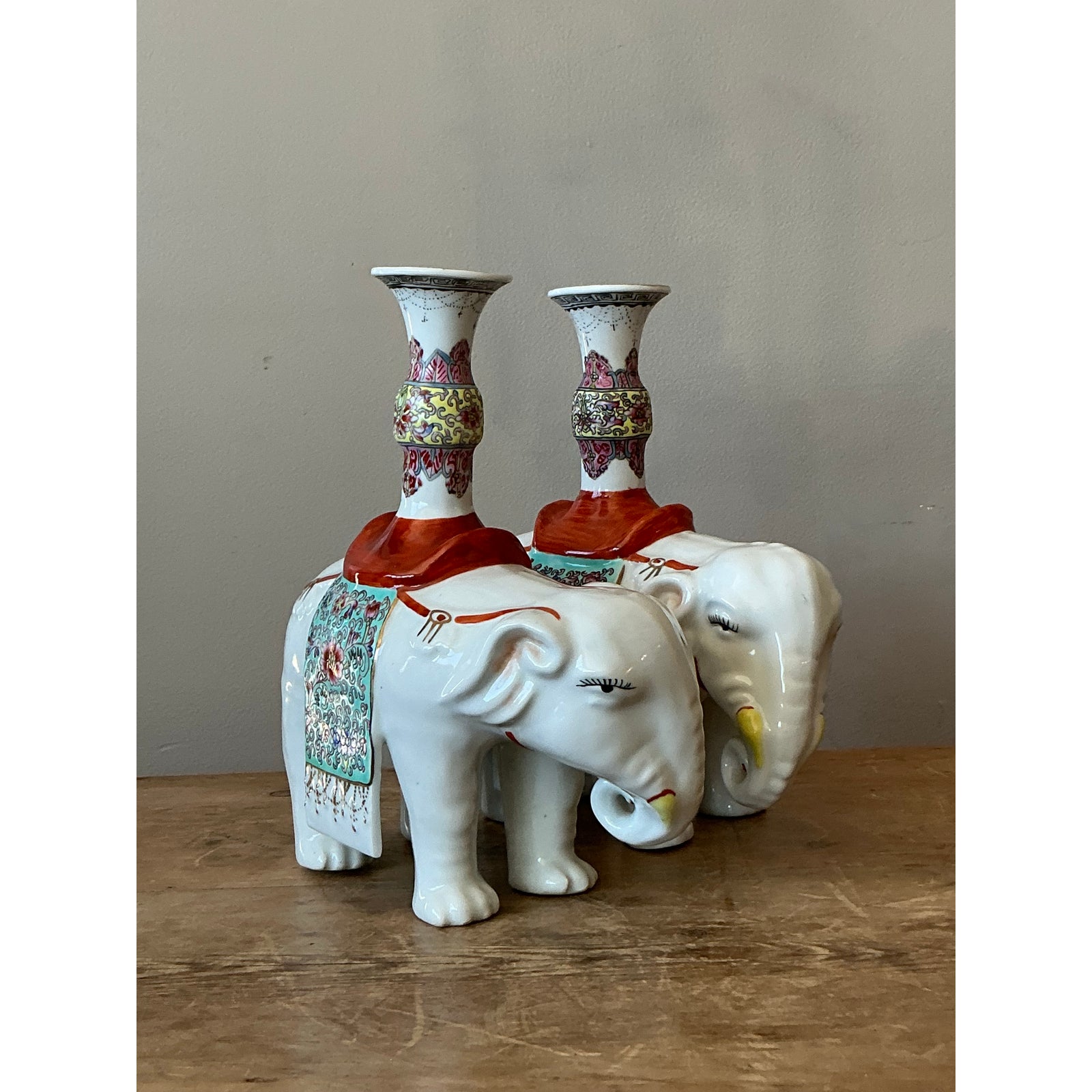 Vintage Asian Opposing Glazed Ceramic Elephant Candlesticks - A Pair - Back view
