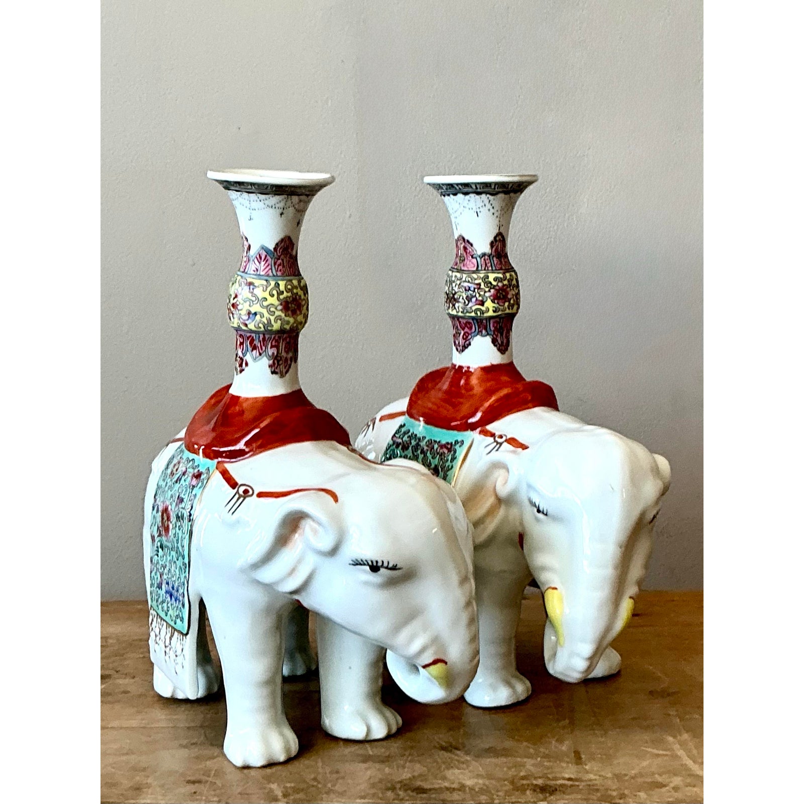 Vintage Asian Opposing Glazed Ceramic Elephant Candlesticks - A Pair - Top view